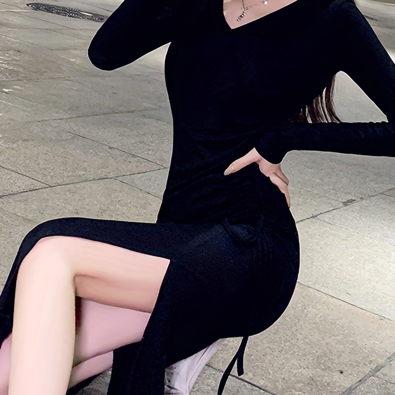 Antmvs Split Hem Drawstring Ruched Dress, Stylish V Neck Long Sleeve Dress For Spring & Fall, Women's Clothing