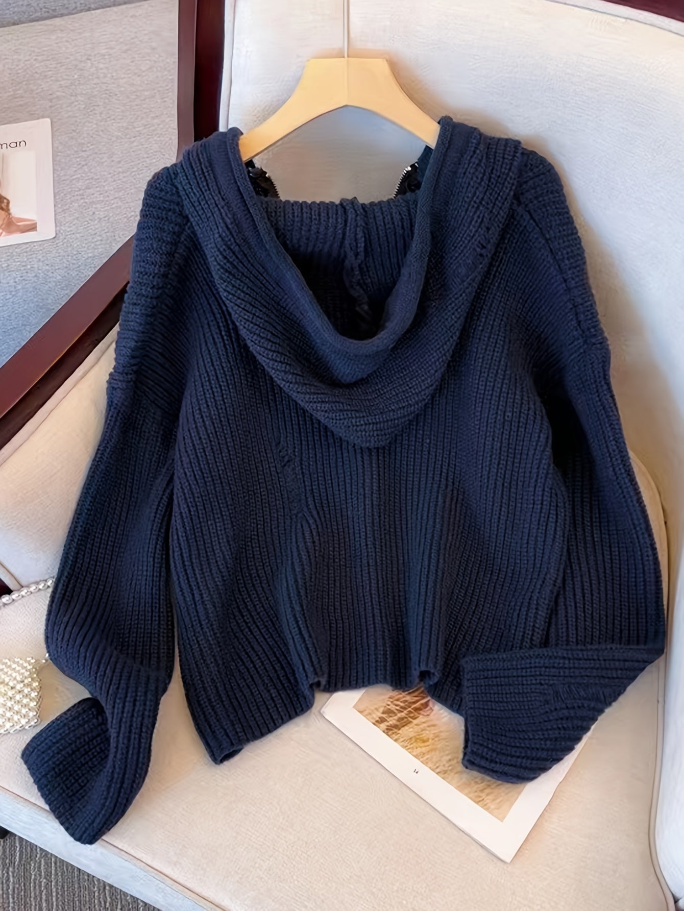 Antmvs Star Pattern Knit Drawstring Hooded Sweater, Casual Zip Up Long Sleeve Loose Sweater, Women's Clothing