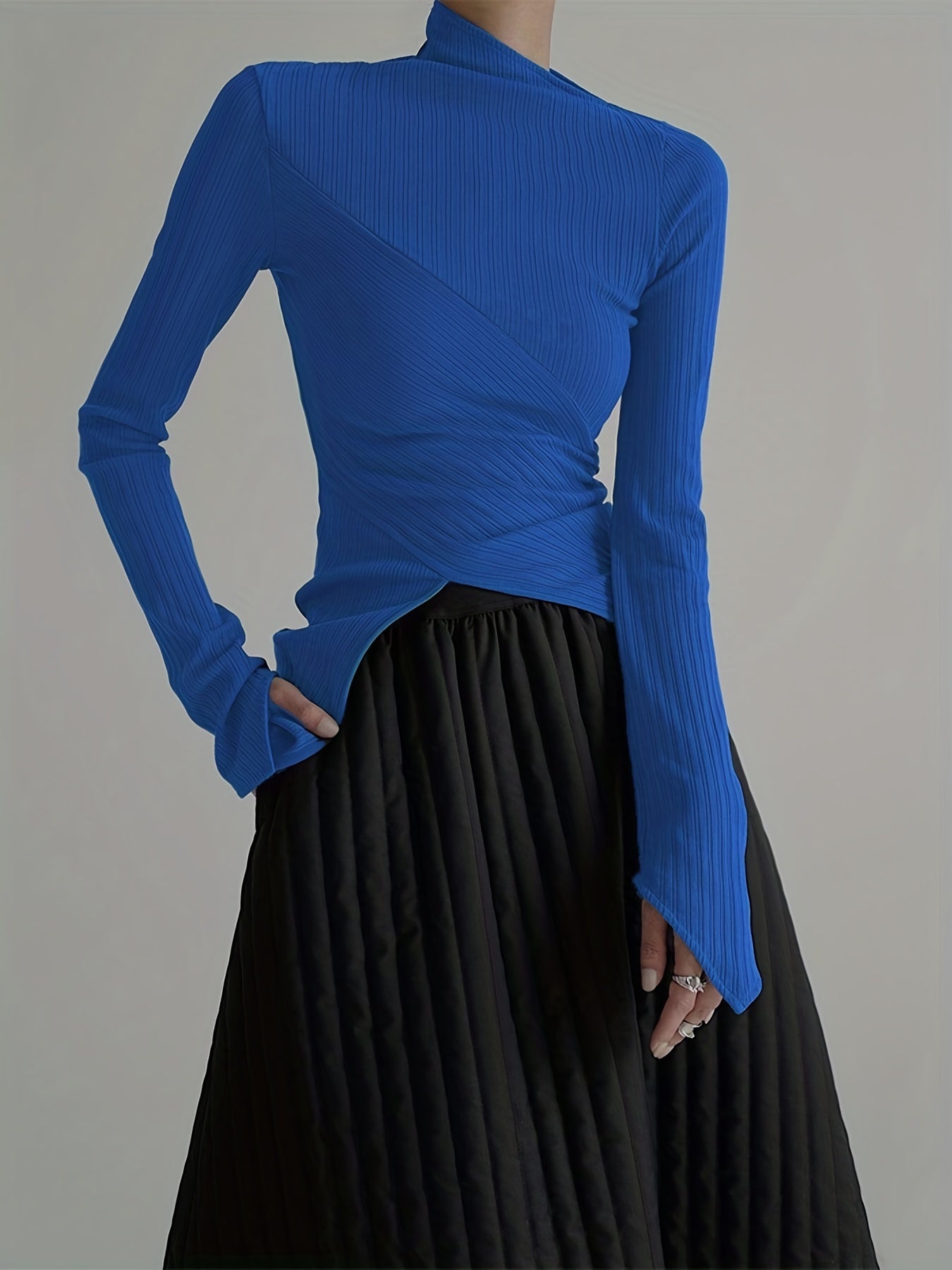 Antmvs Elegant Long Sleeve Basic T-Shirts, Solid Casual T-Shirts For Spring & Fall, Women's Clothing