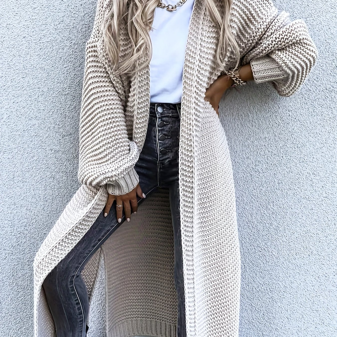 Antmvs Solid Open Front Side Split Cardigan, Casual Long Sleeve Cardigan For Spring & Fall, Women's Clothing