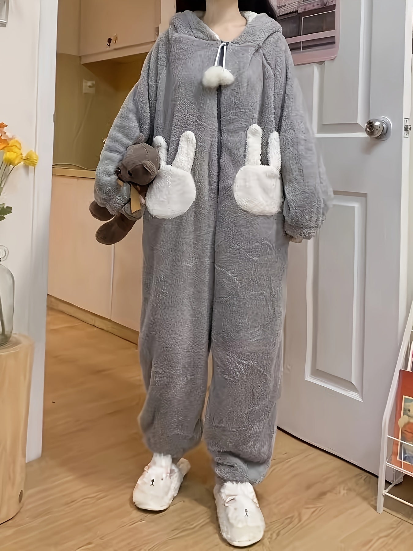 Antmvs Cartoon Bunny Fuzzy Hooded Jumpsuit, Cute Long Sleeve Zipper Pajamas, Women's Sleepwear & Loungewear