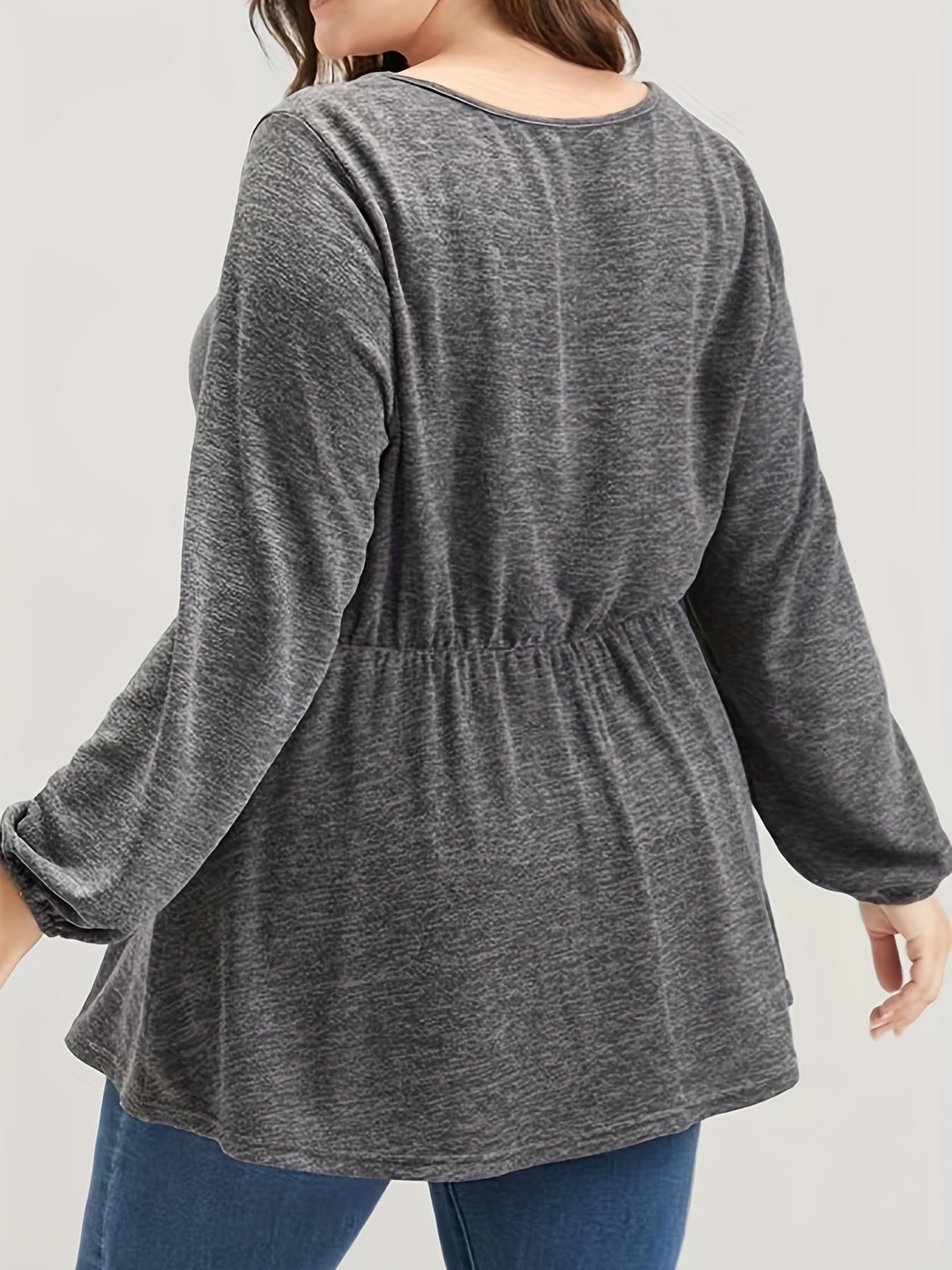 Antmvs Plus Size Casual Top, Women's Plus Plain Lantern Sleeve V Neck Nipped Waist Top