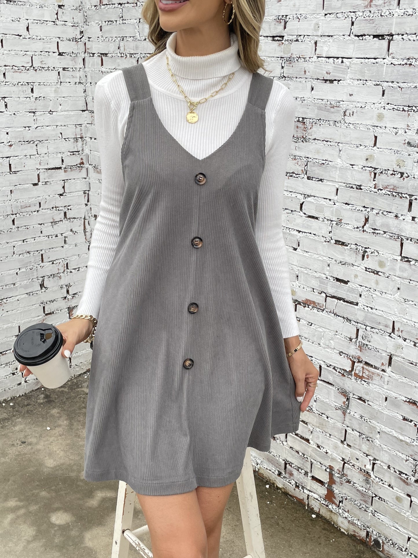 Antmvs Button Front Solid Overall Dress, Casual Sleeveless V Neck Dress, Women's Clothing