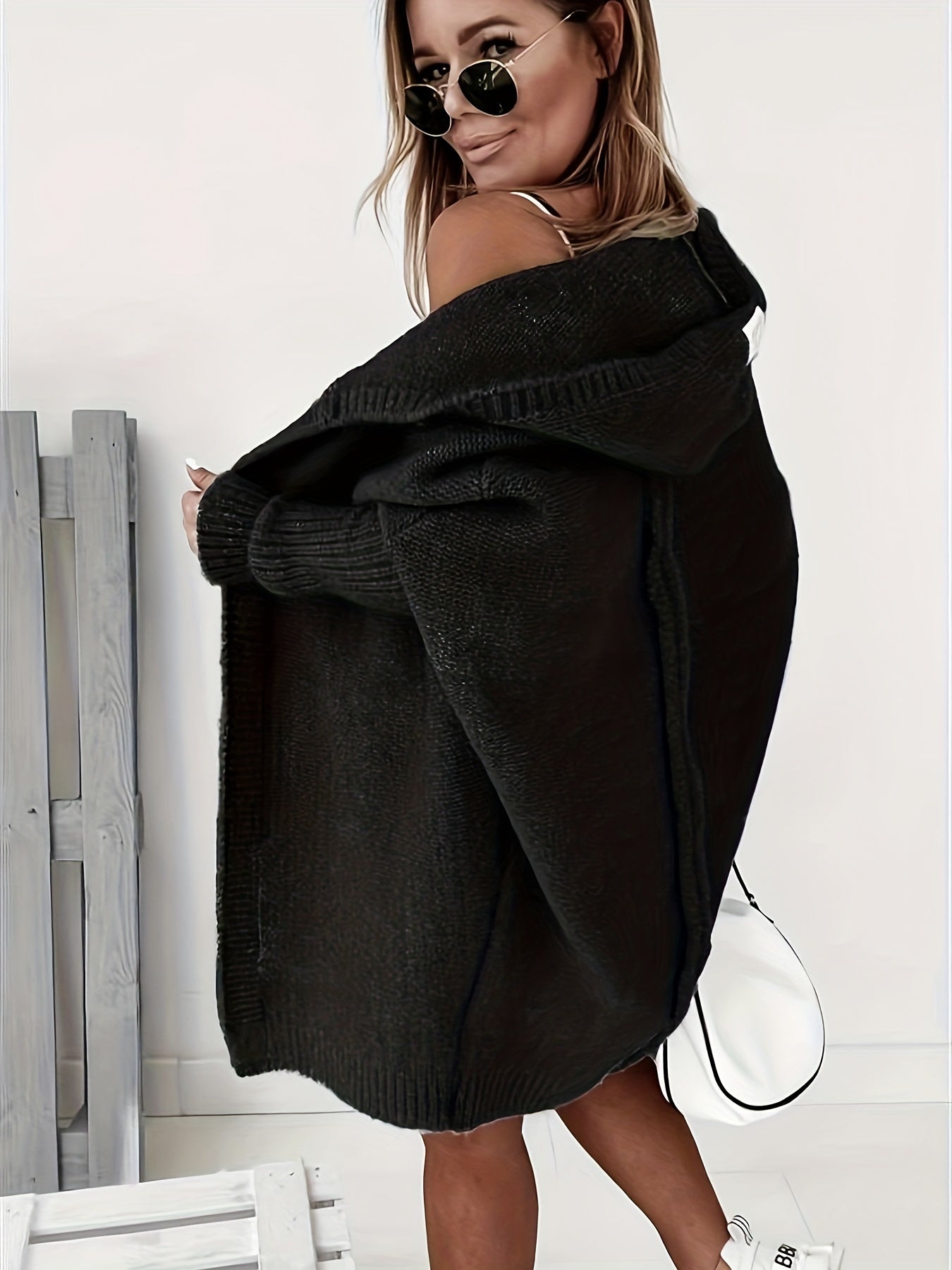 Antmvs Solid Open Front Hooded Cardigan, Casual Batwing Sleeve Mid Length Sweater For Fall & Winter, Women's Clothing