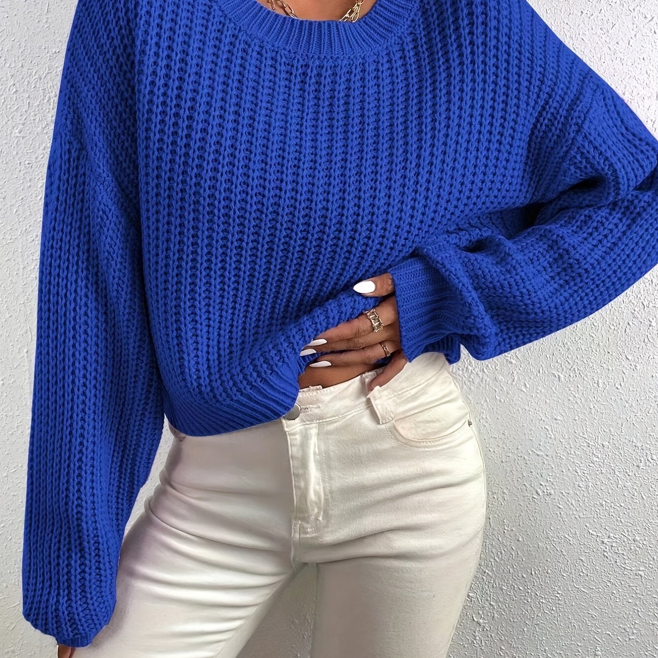 Antmvs Crew Neck Rib Knit Sweater, Casual Drop Shoulder Oversized Long Sleeve Loose Fall Winter Knit Sweater, Women's Clothing