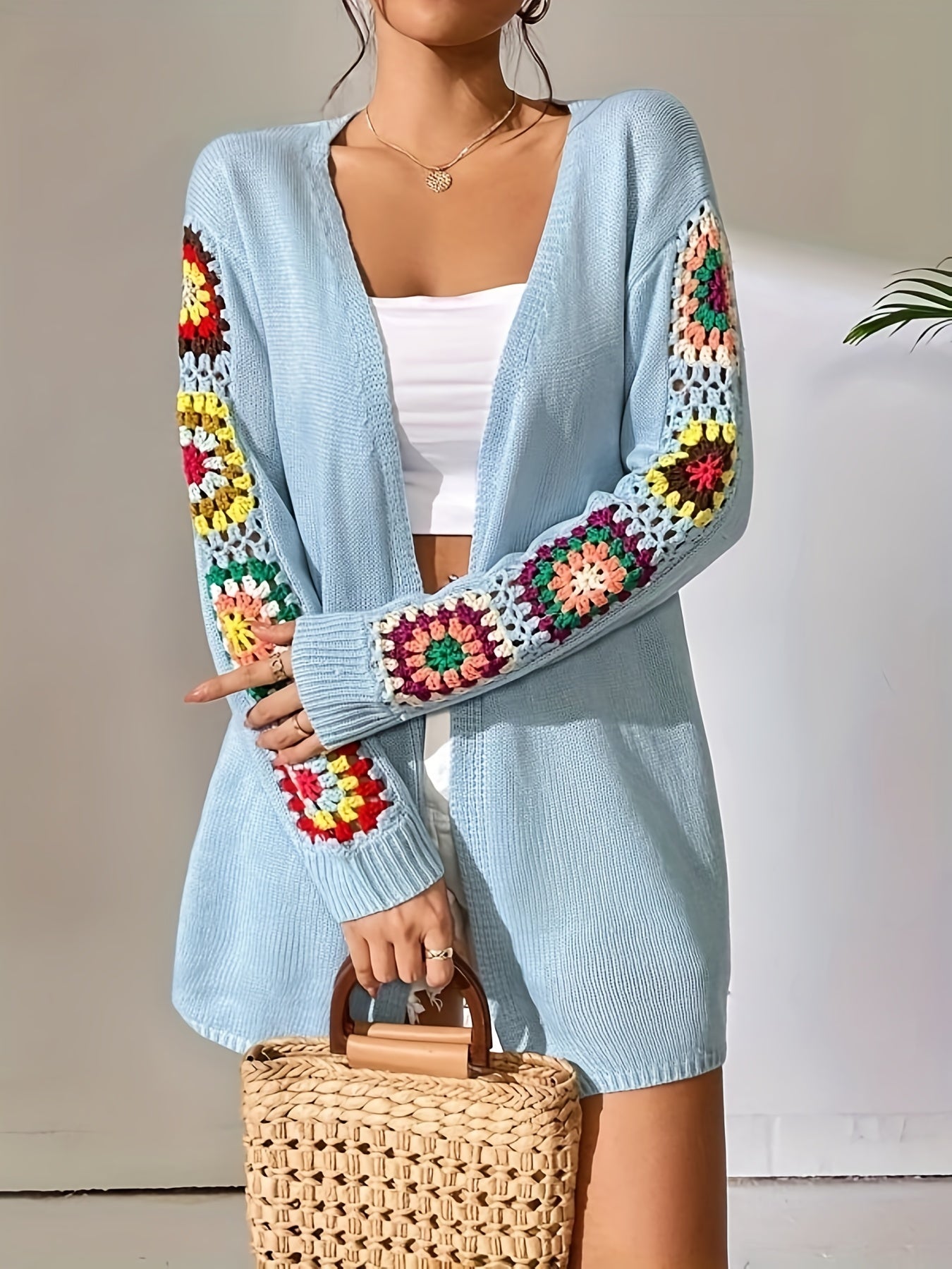 Antmvs Floral Print Open Front Tunics, Casual Long Sleeve Versatile Tunics, Women's Clothing