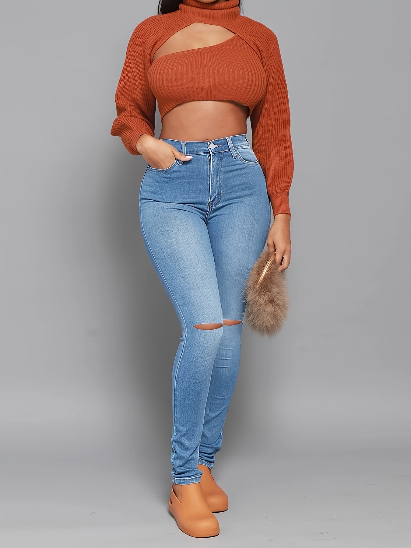 Antmvs High Rise Ripped Skinny Jeans, High Waist Curvy Distressed Long Stacked Hem Denim Pants, Women's Denim & Clothing