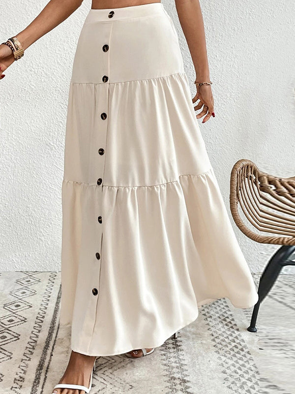 Antmvs Split-Joint Pleated Buttoned Loose Skirts Bottoms
