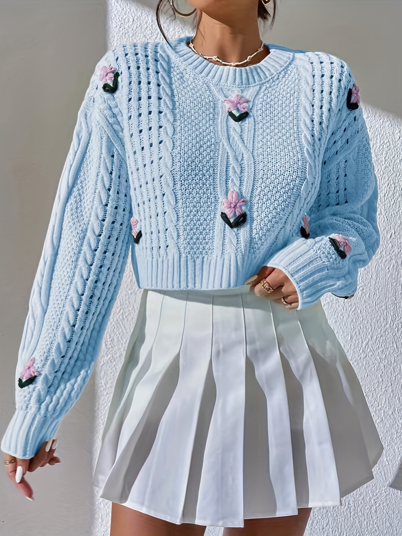 Antmvs Cropped Knit Sweater, Casual Crew Neck Long Sleeve Sweater, Women's Clothing