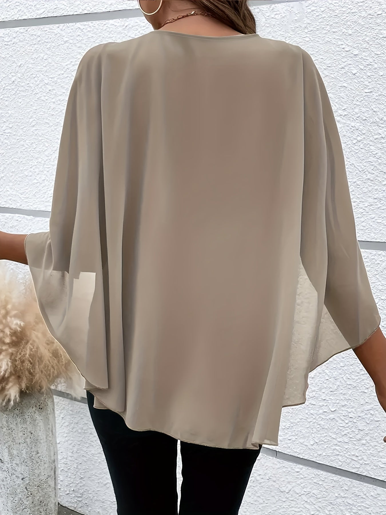 Chic Plus Size Cape Sleeve Blouse - Fashionable Solid Color, Comfortable Crew Neck, Perfect for Spring - Curvy Womens Clothing