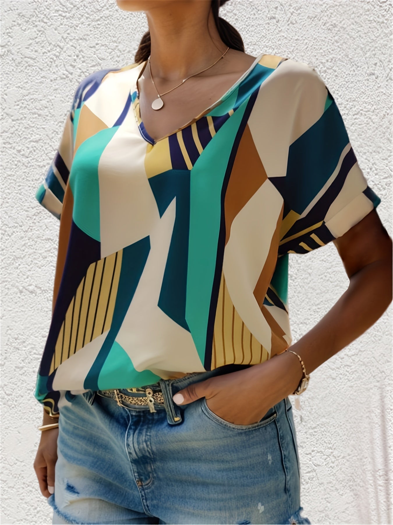 Antmvs Color Block V-neck Blouse, Casual Short Sleeve Blouse For Spring & Summer, Women's Clothing