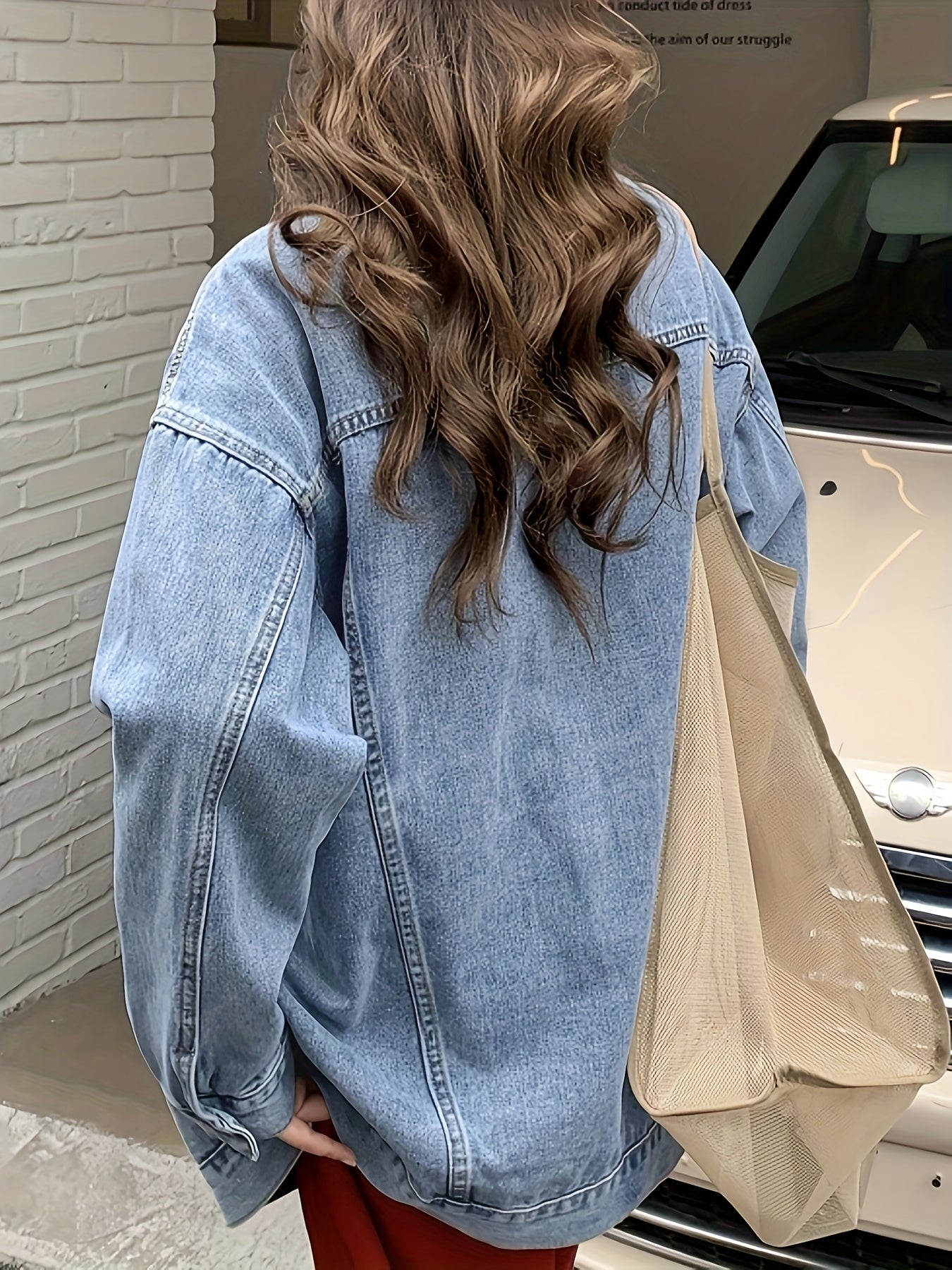 Antmvs Blue Loose Fit Lapel Denim Coat, Long Sleeves Single Breasted Button Denim Jacket, Women's Denim Clothing