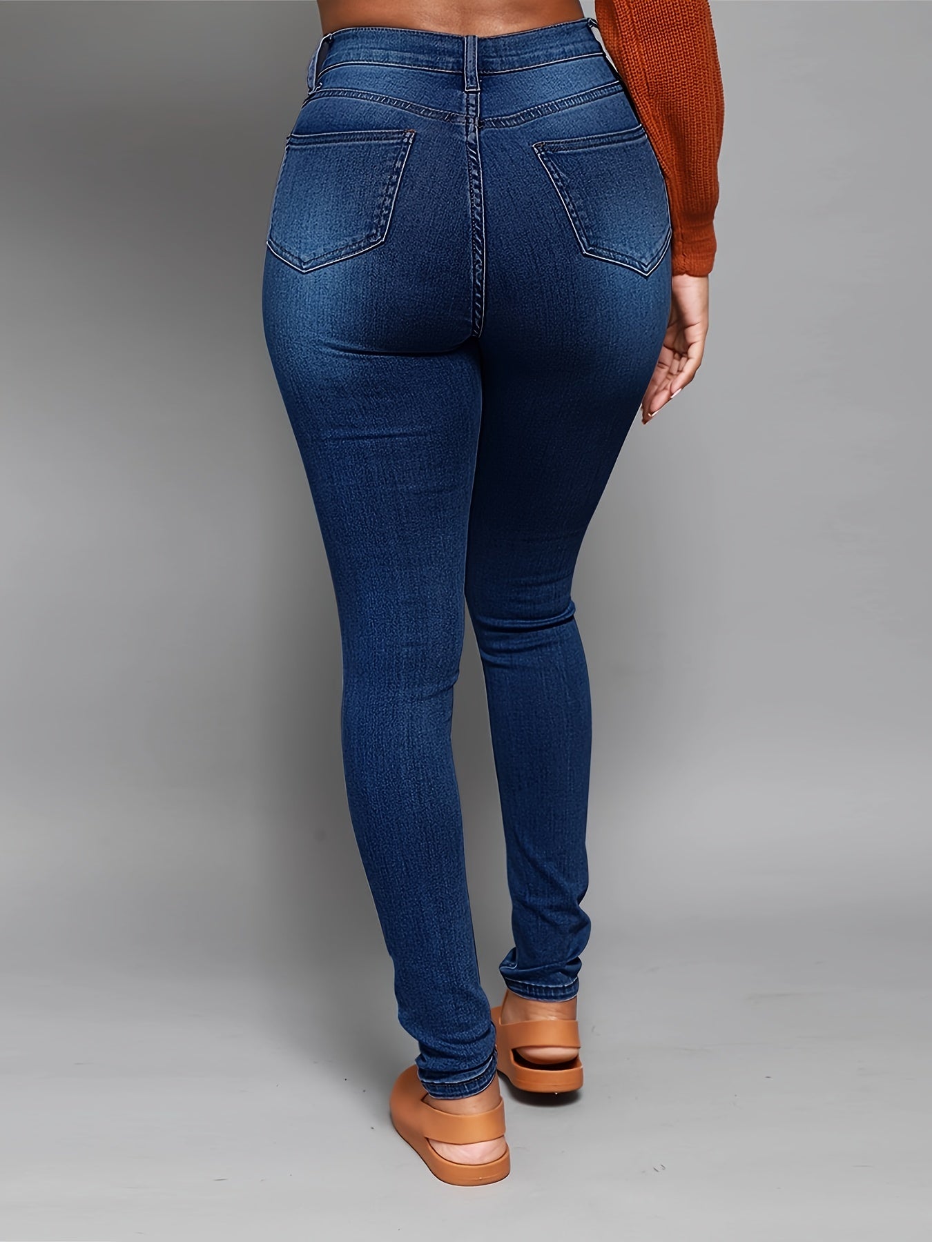 Antmvs High Rise Ripped Skinny Jeans, High Waist Curvy Distressed Long Stacked Hem Denim Pants, Women's Denim & Clothing