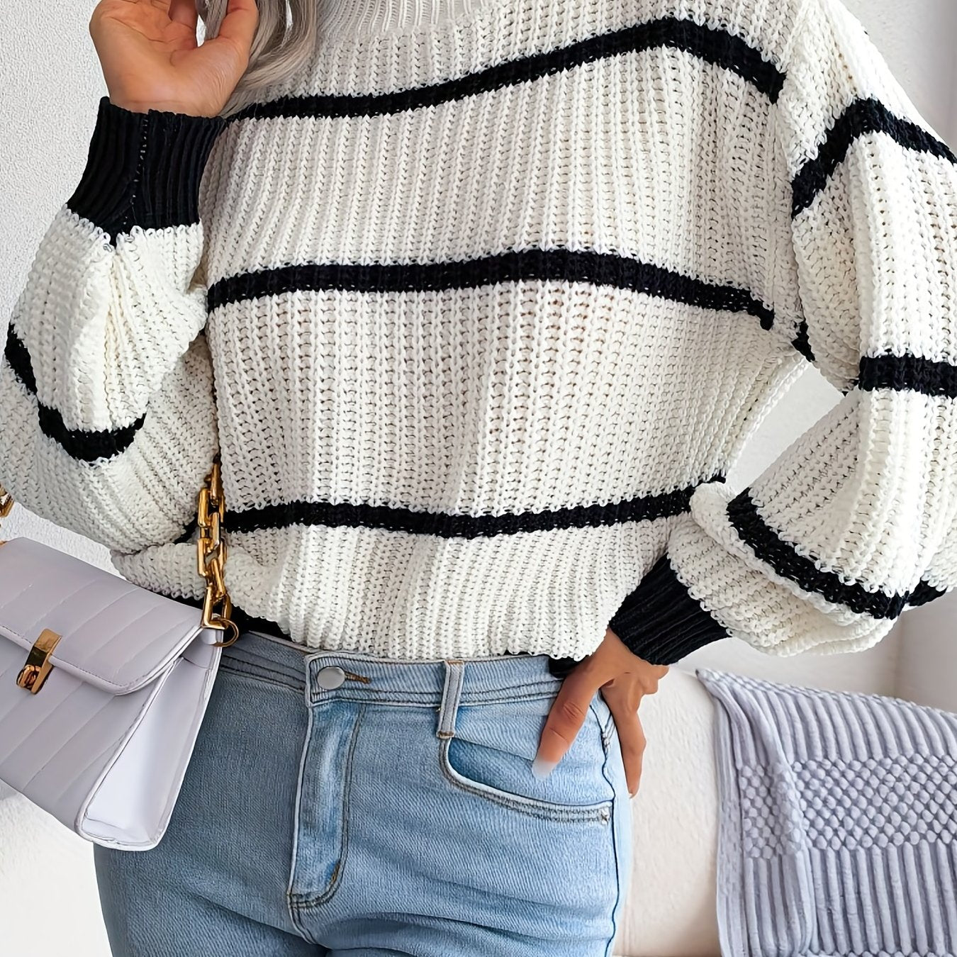 Antmvs Striped Color Block Crew Neck Sweater, Casual Long Sleeve Loose Fall Winter Knit Sweater, Women's Clothing