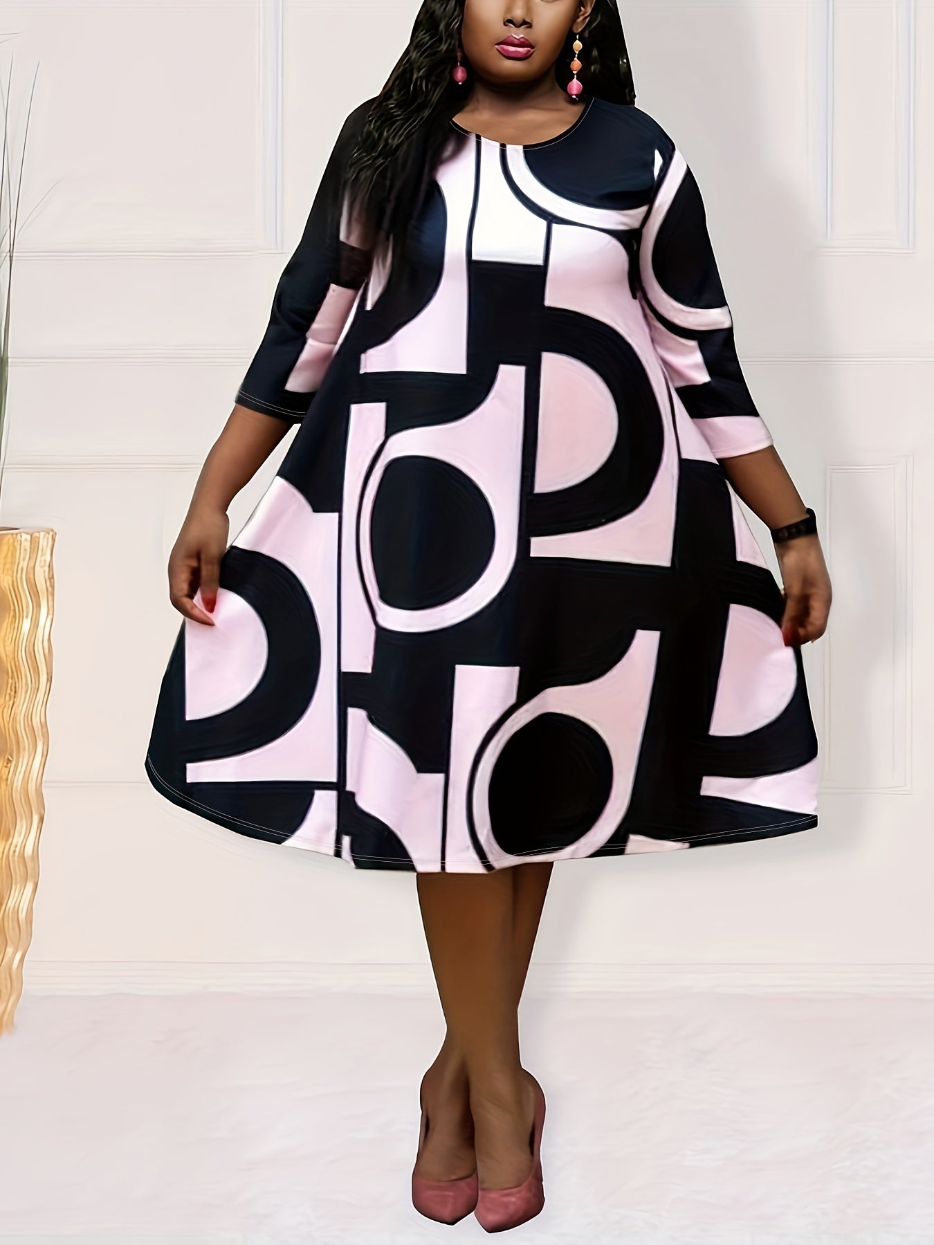 Antmvs Plus Size Elegant Dress, Women's Plus Geometric Print Half Sleeve Round Neck Loose Fit Dress