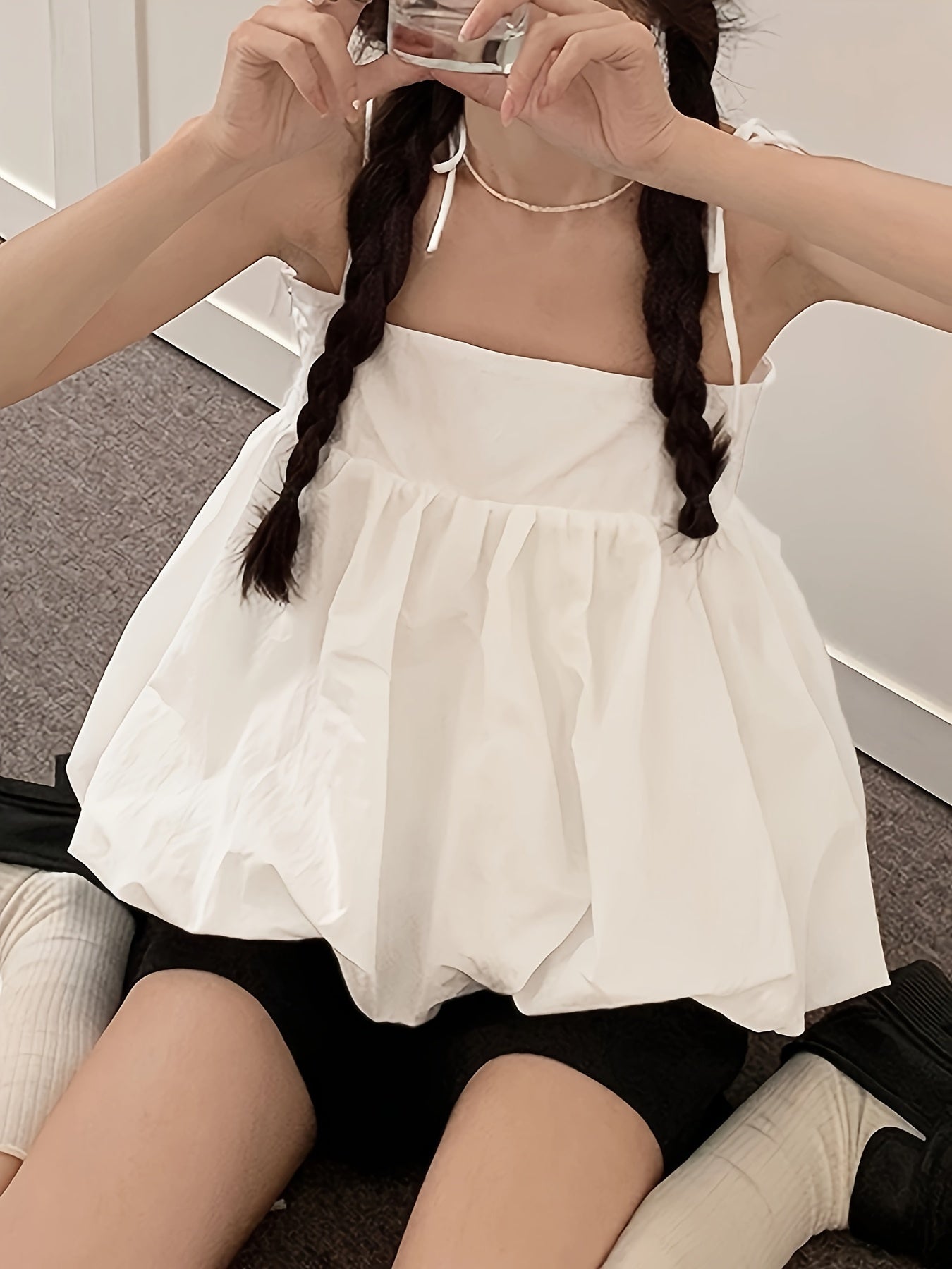 Antmvs Solid Color Knot Strap Flare Top, Casual Sleeveless Straight Neck Cami Top For Summer, Women's Clothing