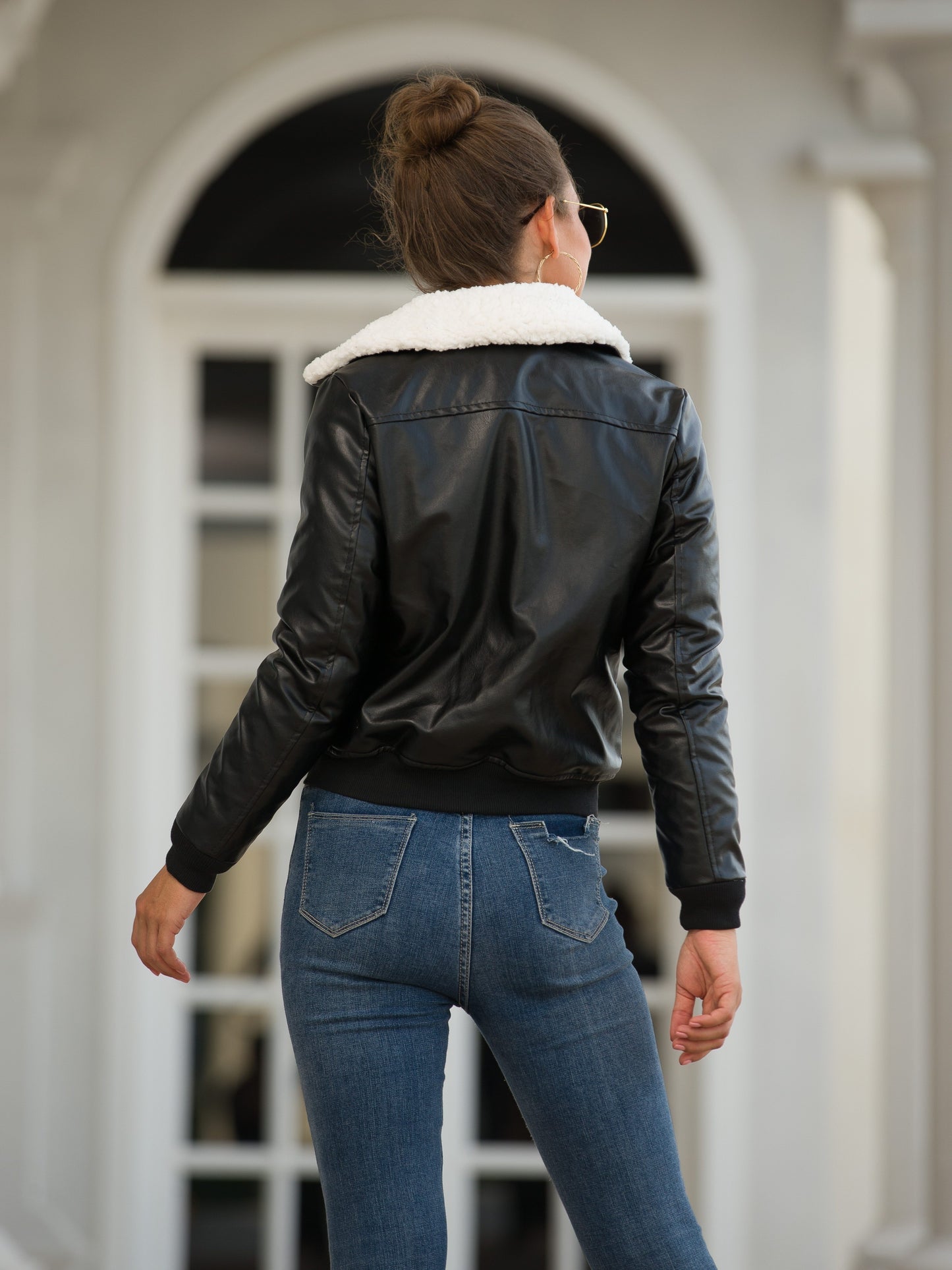 Antmvs Plush Collar Faux Leather Jacket, Casual Pocket Long Sleeve Jacket For Fall & Winter, Women's Clothing