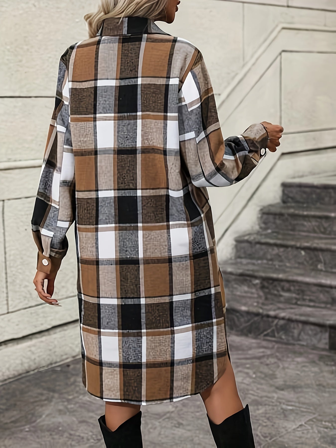 Antmvs Plaid Print Cuff Sleeve Button Dress, Casual Lapel Neck Dress For Spring & Fall, Women's Clothing