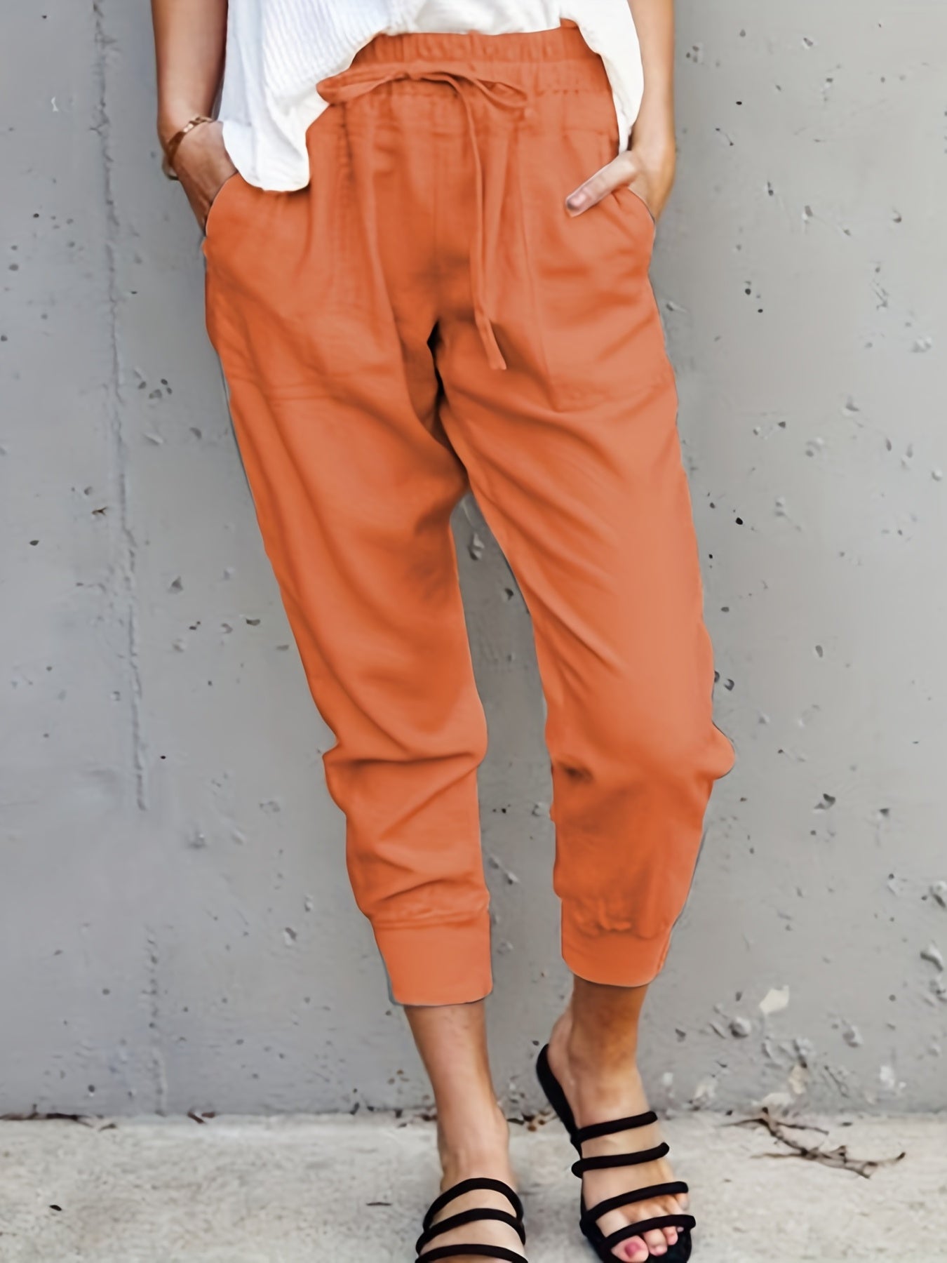 Antmvs Minimalist Drawstring Waist Pants, Solid Casual Pants For Spring & Summer, Women's Clothing