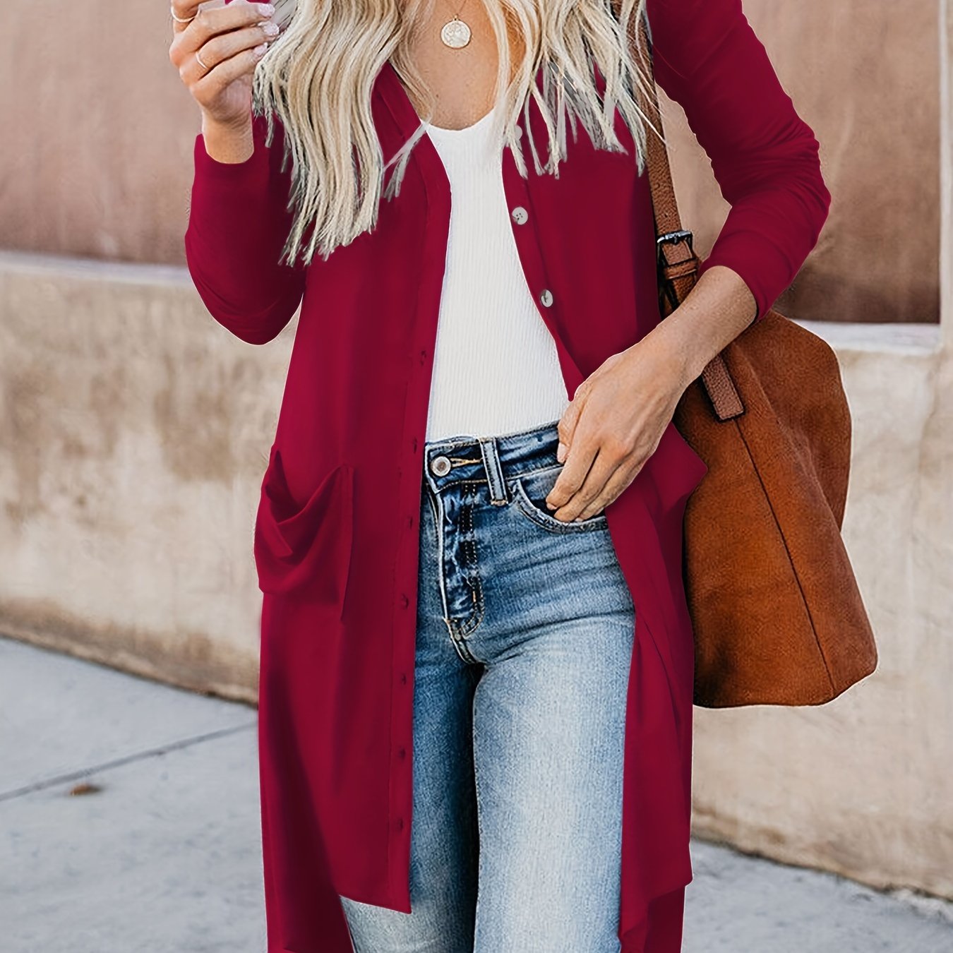 Antmvs Plus Size Casual Coat, Women's Plus Solid Long Sleeve Button Up V Neck High Low Hem Pocketed Sweater Cardigan