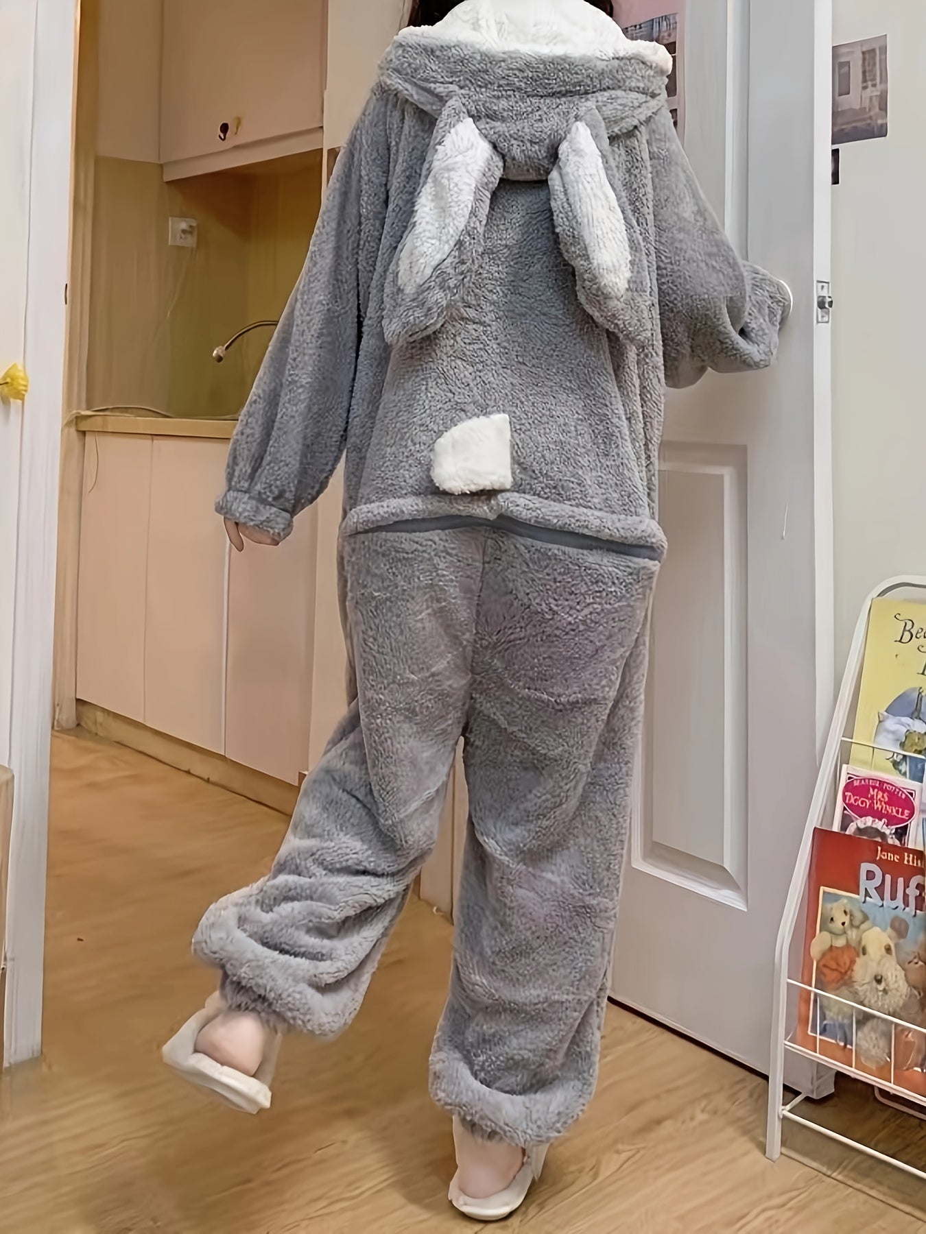 Antmvs Cartoon Bunny Fuzzy Hooded Jumpsuit, Cute Long Sleeve Zipper Pajamas, Women's Sleepwear & Loungewear