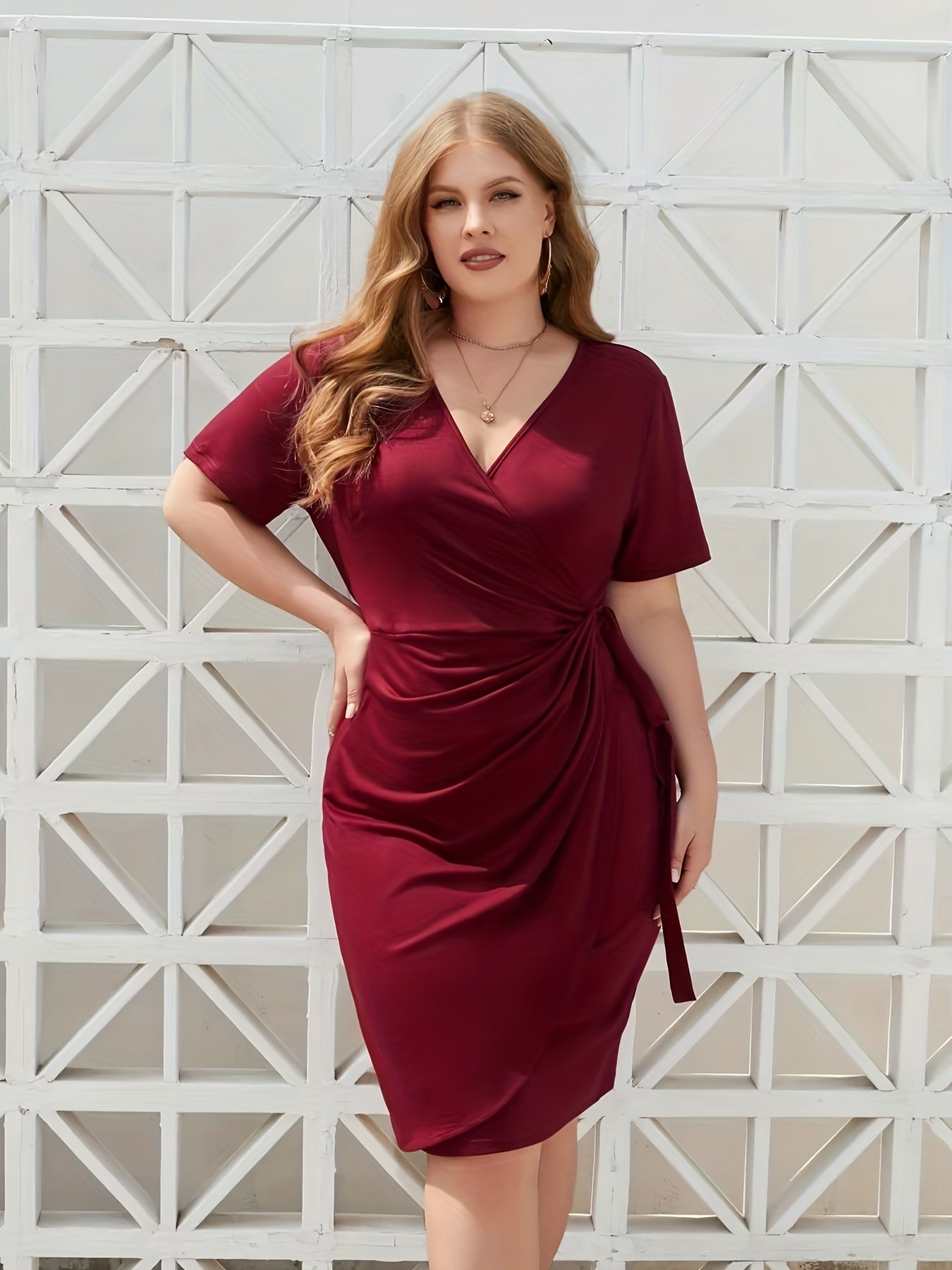 Antmvs Plus Size Casual Dress, Women's Plus Solid Short Sleeve Surplice Neck Knot Side Medium Stretch Knee Length Wrap Dress