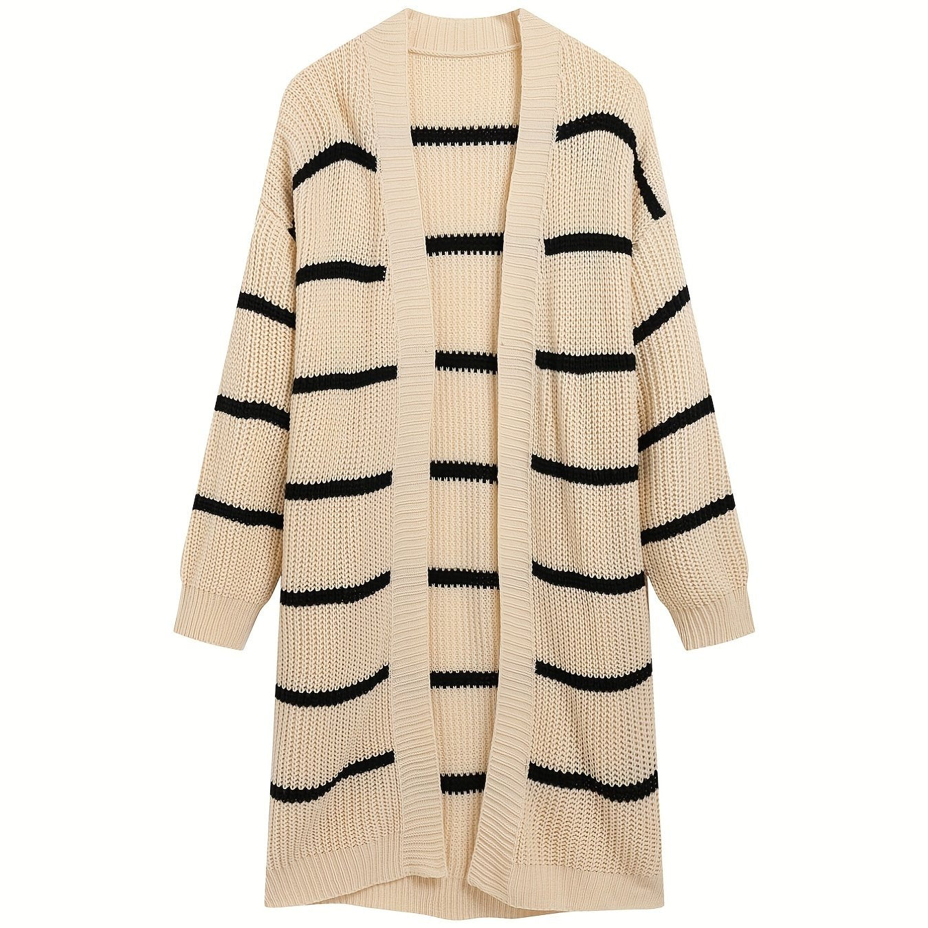 Antmvs Striped Open Front Drop Shoulder Knit Cardigan, Casual Long Sleeve Cardigan For Fall & Winter, Women's Clothing