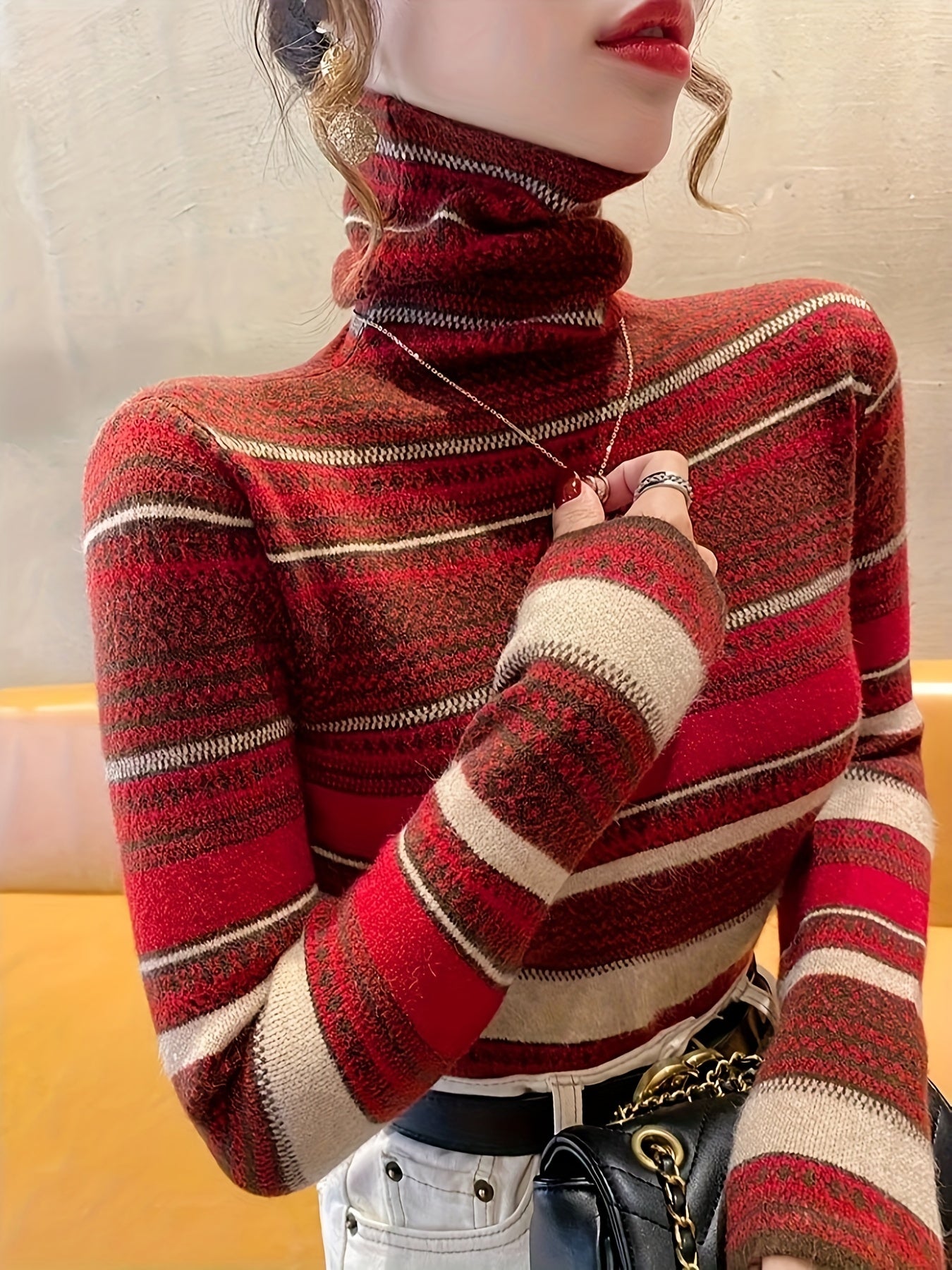 Antmvs Stripes Print Turtle Neck Pullover Sweater, Elegant Long Sleeve Knitted Sweater For Fall & Winter, Women's Clothing