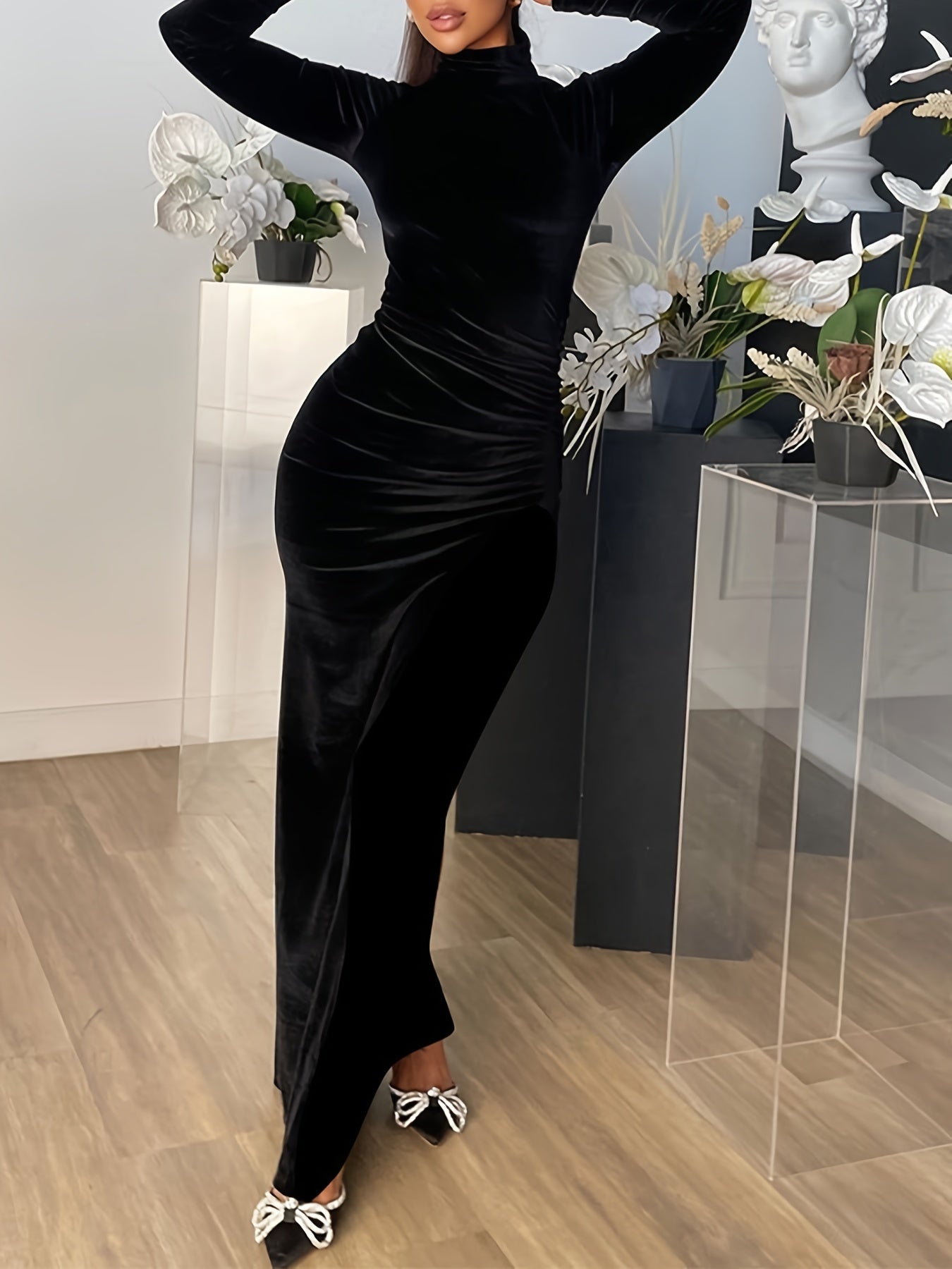 Antmvs Velvet Mock Neck Dress, Elegant Long Sleeve Ruched Bodycon Dress, Women's Clothing