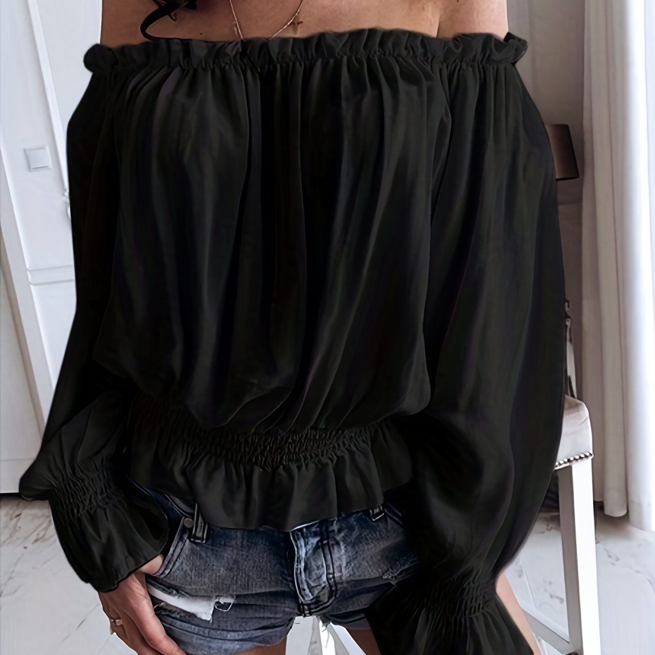 Antmvs Off Shoulder Ruffle Trim Blouse, Casual Long Sleeve Blouse For Spring & Fall, Women's Clothing