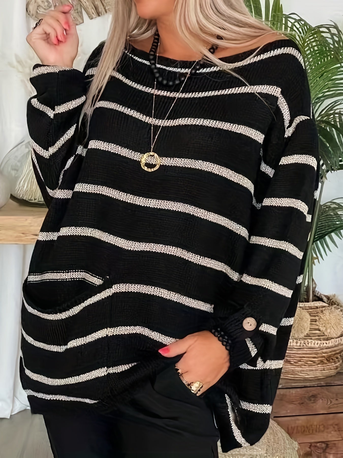 Antmvs Striped Boat Neck Pullover Sweater, Vintage Long Sleeve Pocket Loose Sweater For Spring & Fall, Women's Clothing