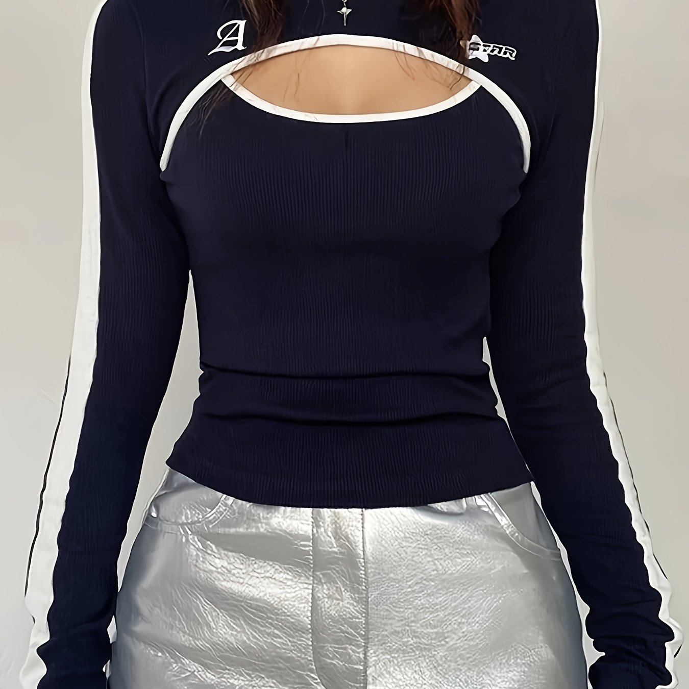 Antmvs Crew Neck Cut Out T-Shirt, Y2K Long Sleeve Embroidered T-Shirt For Every Day, Women's Clothing