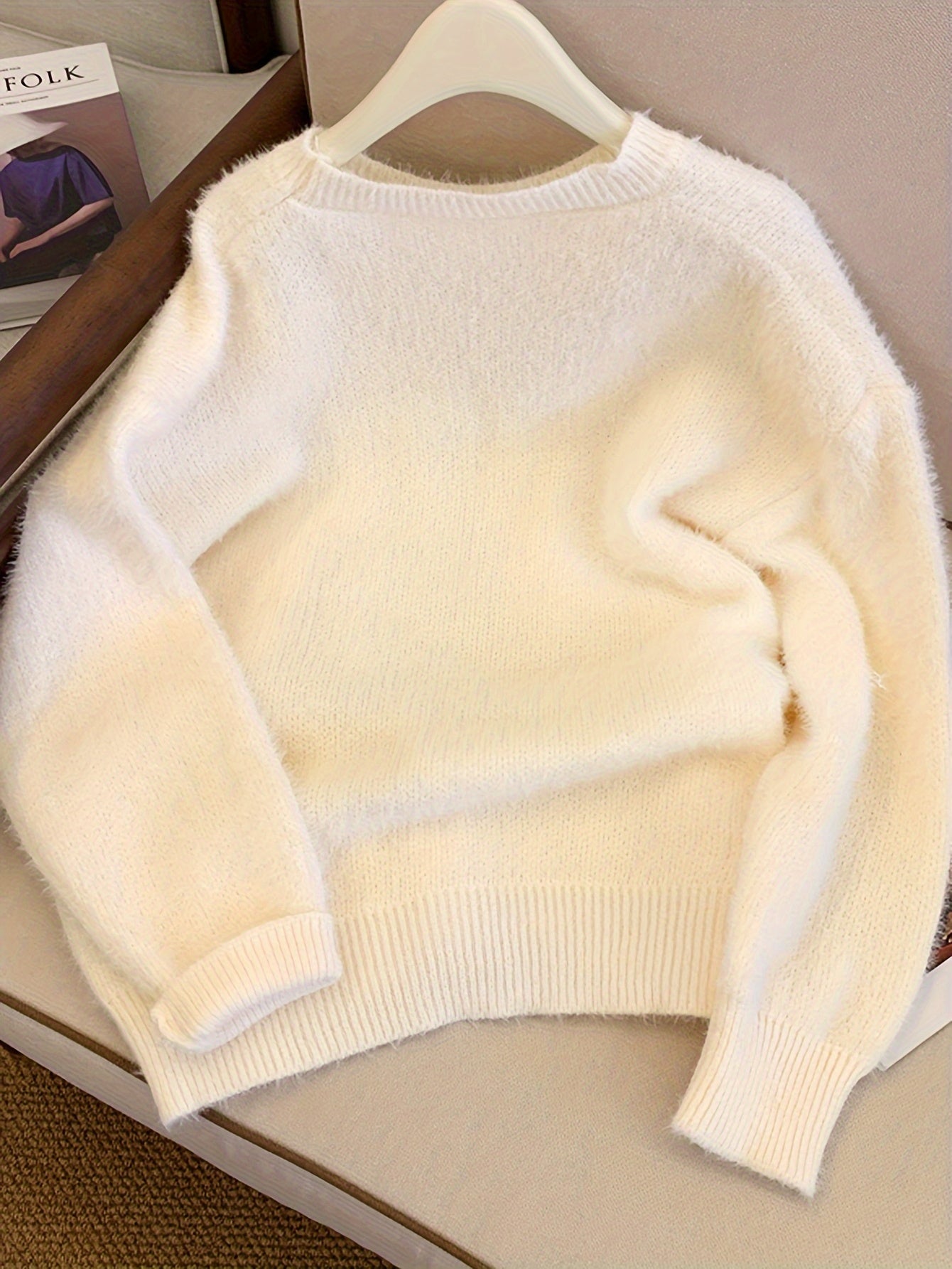 Antmvs Rabbit & Letter Pattern Knitted Sweater, Casual Crew Neck Long Sleeve Pullover Sweater For Fall & Winter, Women's Clothing