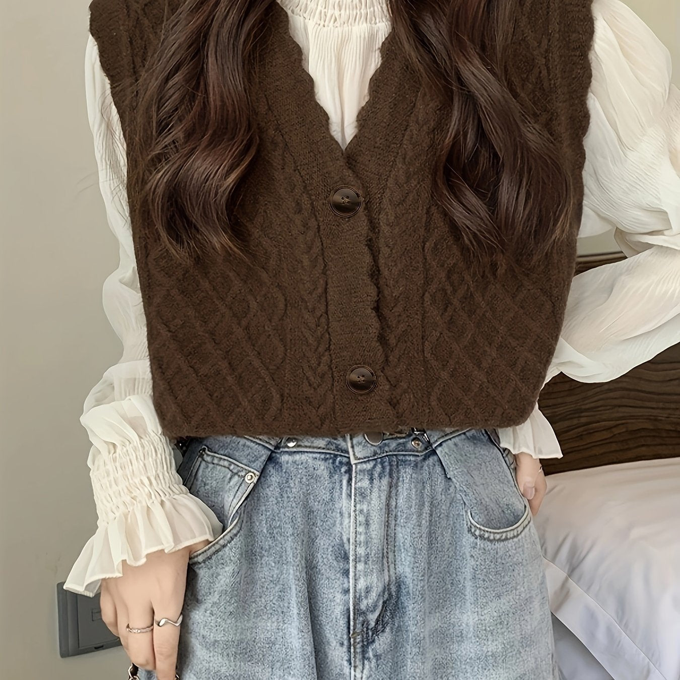 Antmvs Button Front V Neck Vest, Casual Sleeveless Tank Vest For Fall & Winter, Women's Clothing