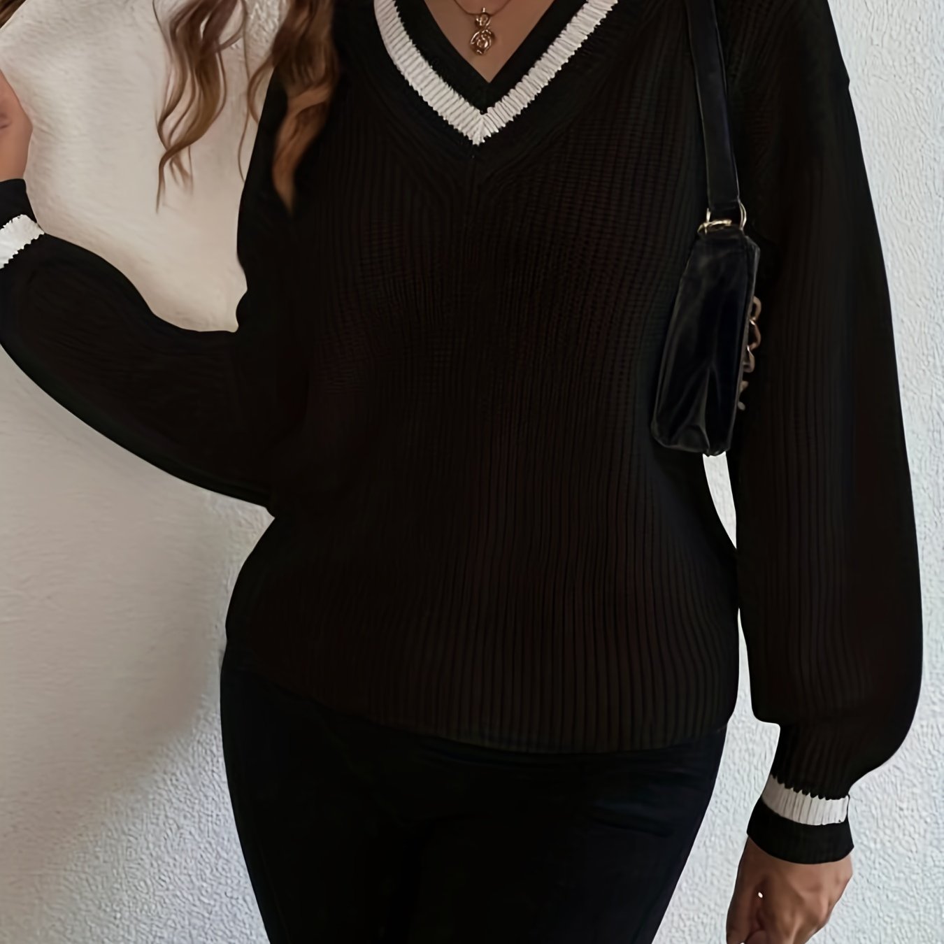 Antmvs Preppy Color Block Pullover Sweater, Casual Long Sleeve V Neck Sweater For Spring & Fall, Women's Clothing