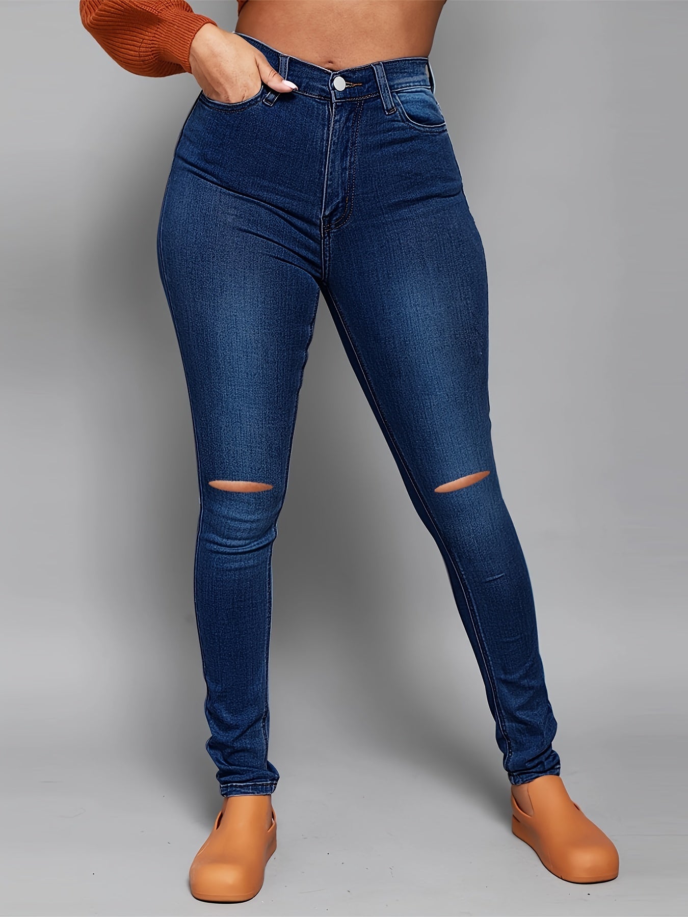 Antmvs High Rise Ripped Skinny Jeans, High Waist Curvy Distressed Long Stacked Hem Denim Pants, Women's Denim & Clothing