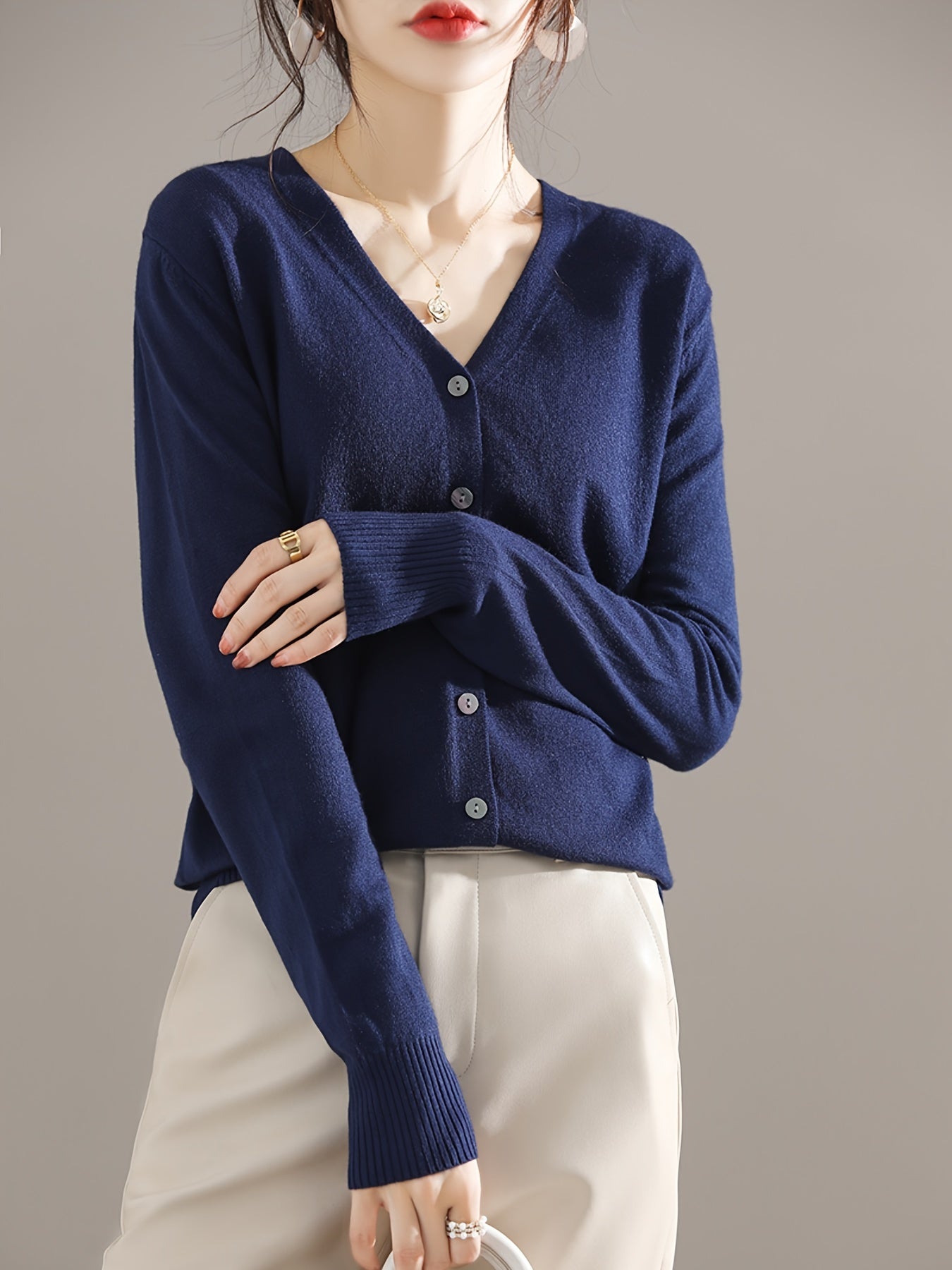 Antmvs Elegant V-neck Solid Cardigan, Long Sleeve Cardigan For Spring & Fall, Women's Clothing