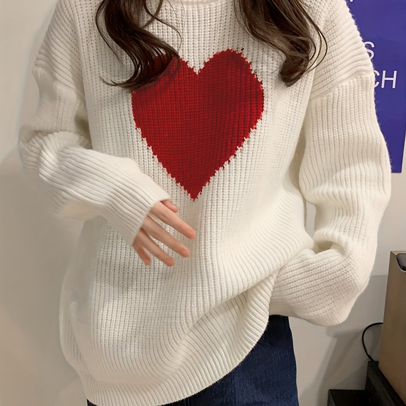 Antmvs Heart Pattern Crew Neck Pullover Sweater, Casual Long Sleeve Drop Shoulder Sweater, Women's Clothing