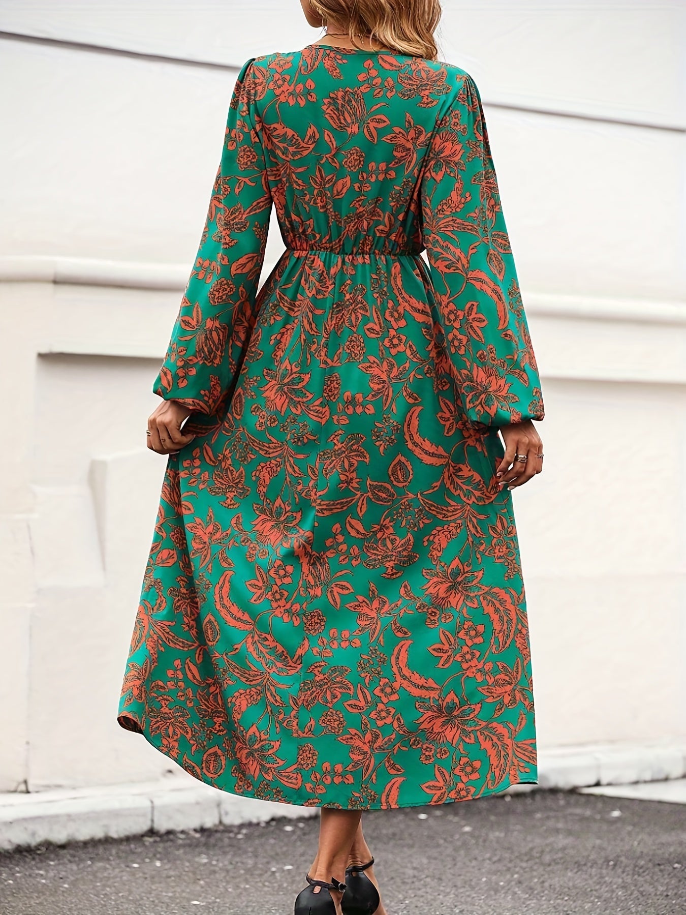 Antmvs Floral Print Split V Neck Dress, Elegant Long Sleeve Dress For Spring & Fall, Women's Clothing