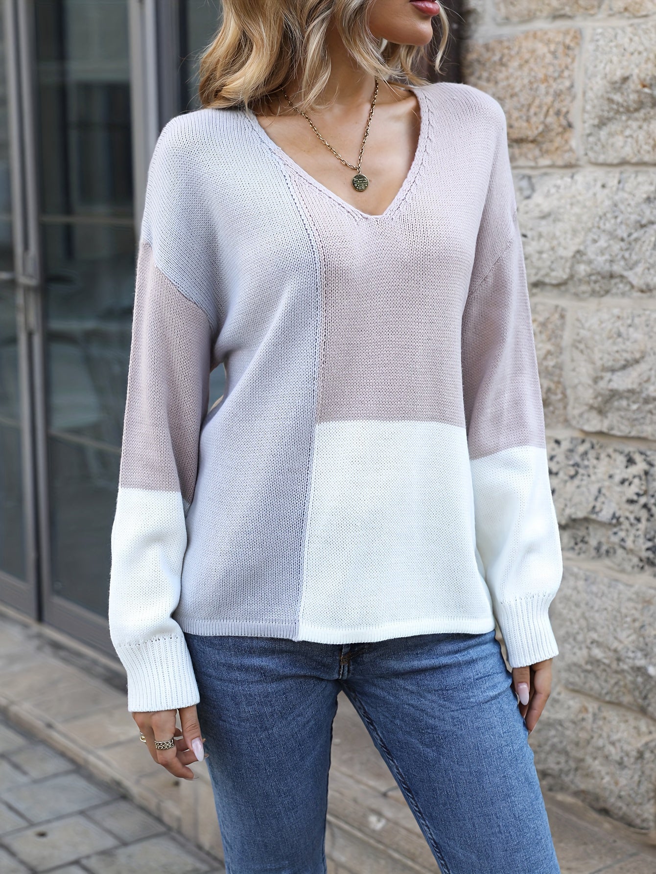 Antmvs Color Block Drop Shoulder Sweater, Casual V-neck Loose Pullover Knitted Top, Women's Clothing