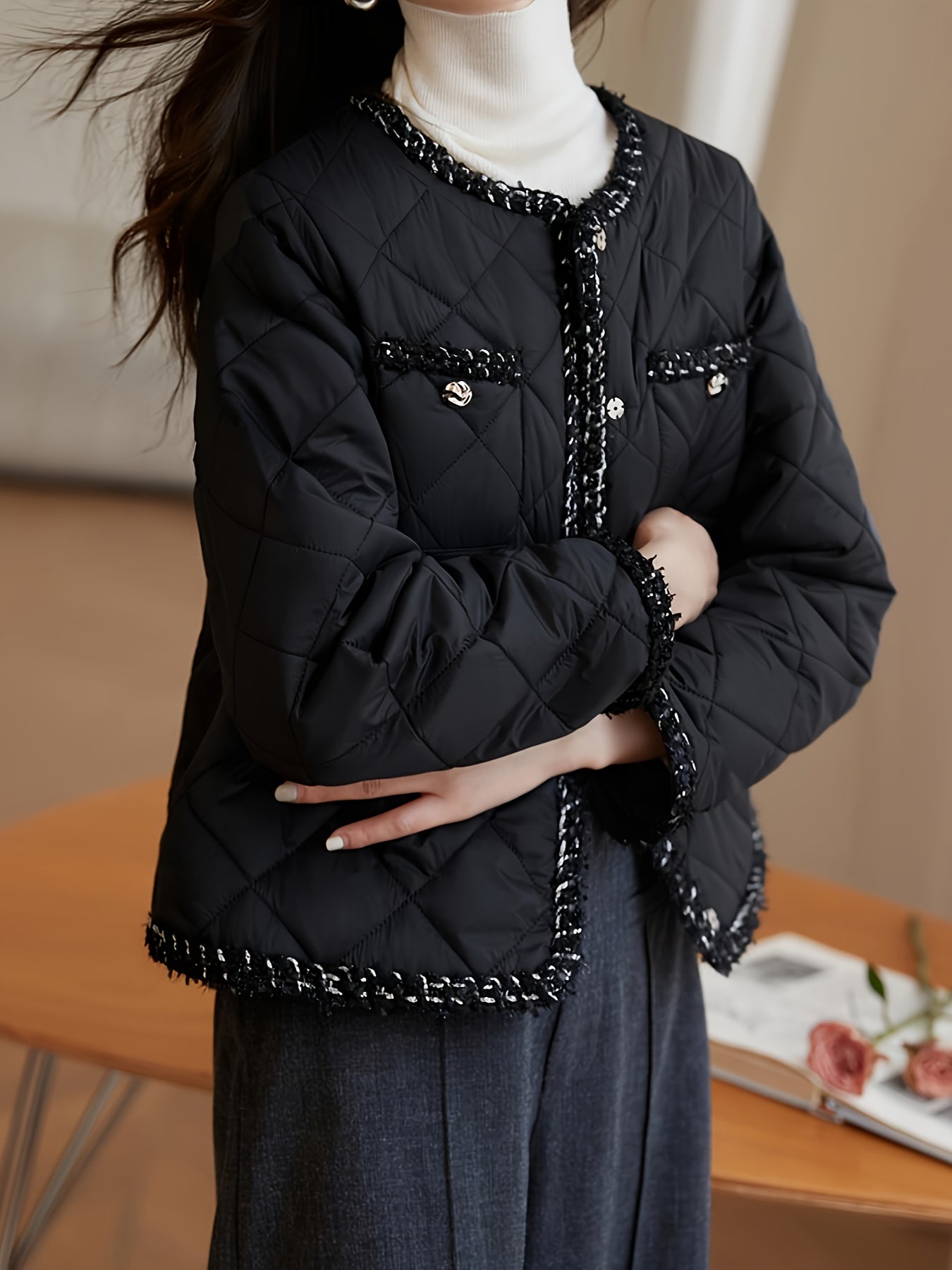 Antmvs Solid Color Button Front Jacket, Elegant Crew Neck Contrast Trim Pockets Long Sleeve Jacket For Fall & Winter, Women's Clothing