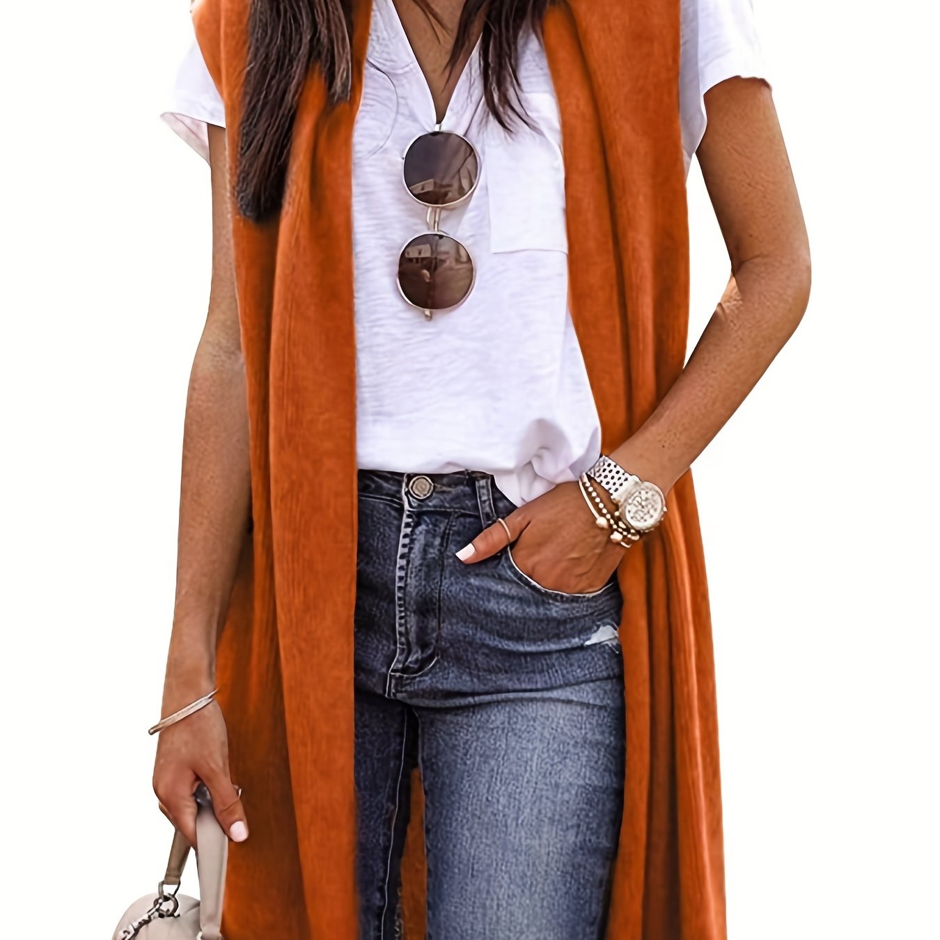 Antmvs Solid Sleeveless Knit Cardigan, Casual Simple Long Length Vest Sweater, Women's Clothing
