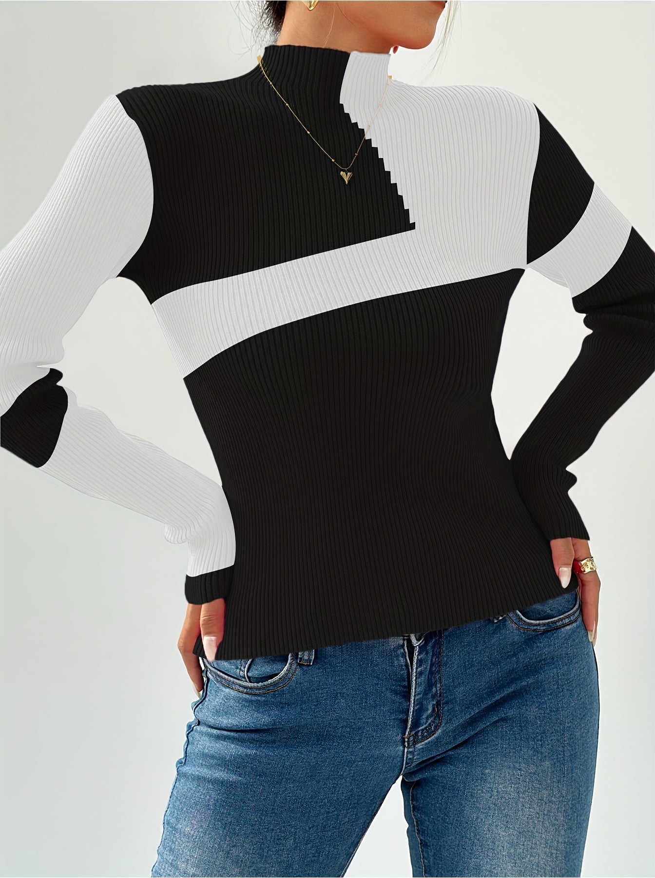 Antmvs Color Block Turtle Neck Sweater, Casual Long Sleeve Slim Sweater For Fall & Winter, Women's Clothing