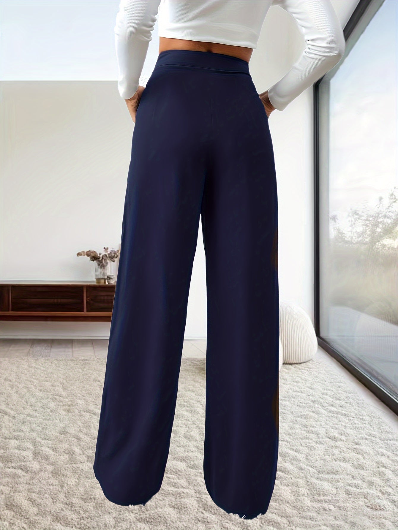 Antmvs Solid Ruched Pants, Casual High Waist Wide Leg Daily Work Pants, Women's Clothing
