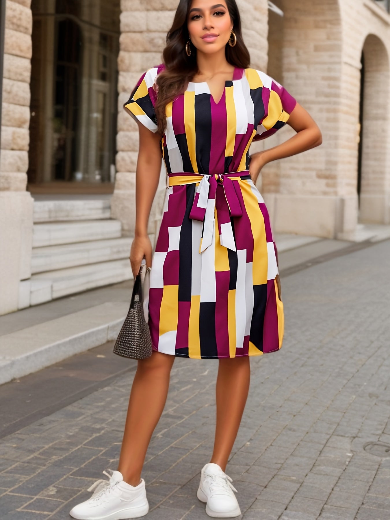 Antmvs Color Block Tie Front Dress, Casual V Neck Short Sleeve Dress For Spring & Summer, Women's Clothing