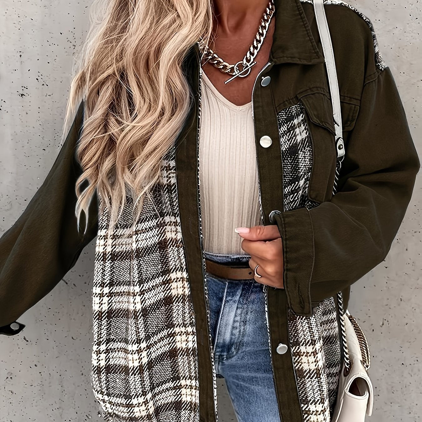 Antmvs Plaid Print Splicing Jacket, Casual Button Front Long Sleeve Outerwear, Women's Clothing