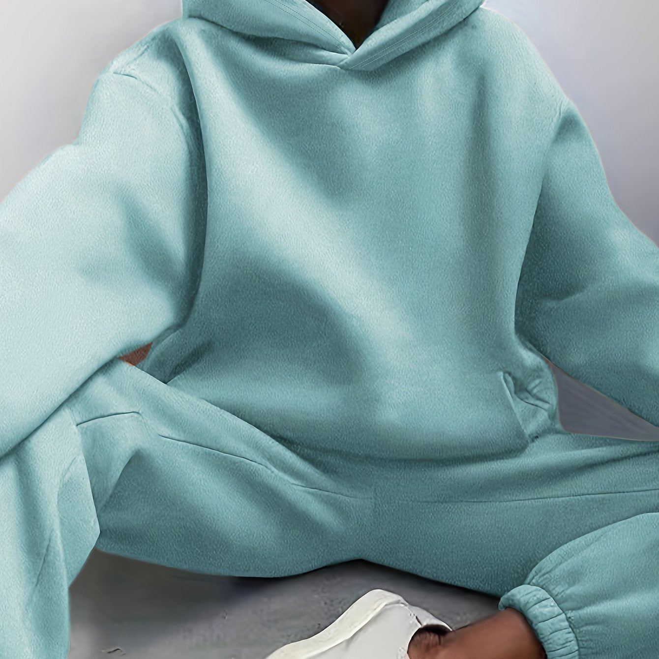 Antmvs Casual Solid Two-piece Set, Drop Shoulder Long Sleeve Hoodies & Elastic Waist Jogger Pants Outfits, Women's Clothing