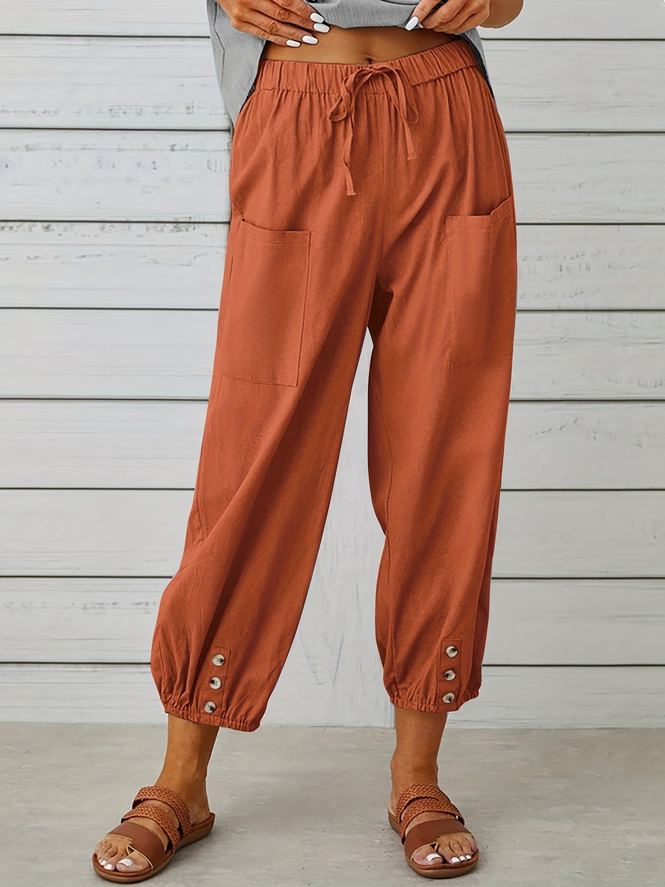 Antmvs Boho Baggy Harem Pants With Pockets, Drawstring Waist Casual Pants For Spring & Summer, Women's Clothing