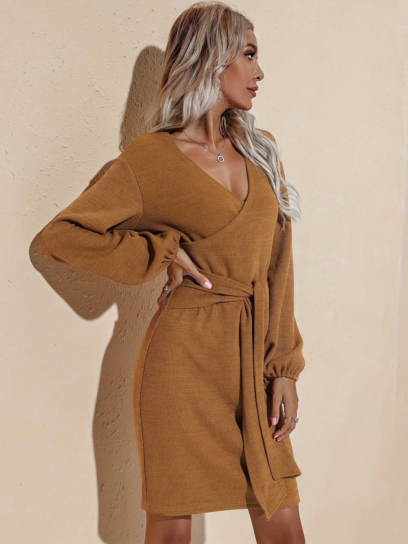 Antmvs Surplice Neck Lantern Sleeve Dress, Elegant Solid Versatile Dress, Women's Clothing