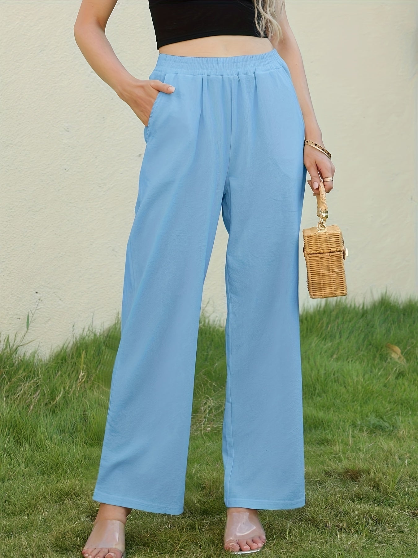 Antmvs Solid Wide Leg Elastic Waist Pants, Casual Dual Pockets Loose Pants, Women's Clothing